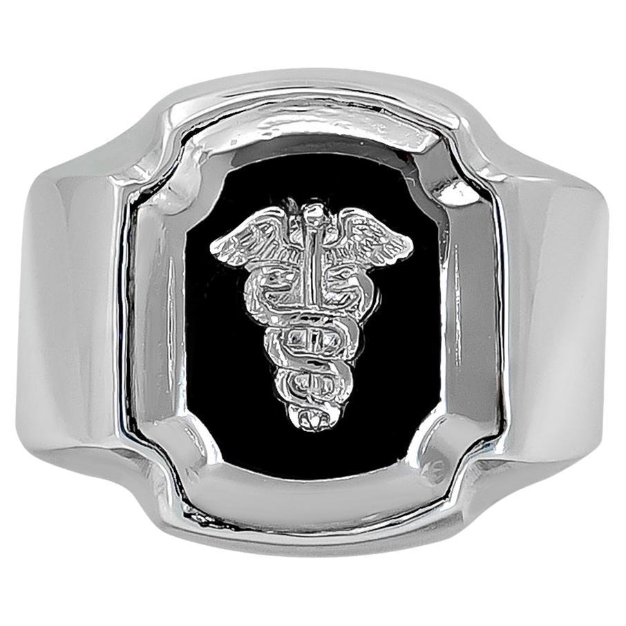 Bold Sterling Caduceus Onyx Ring For Sale