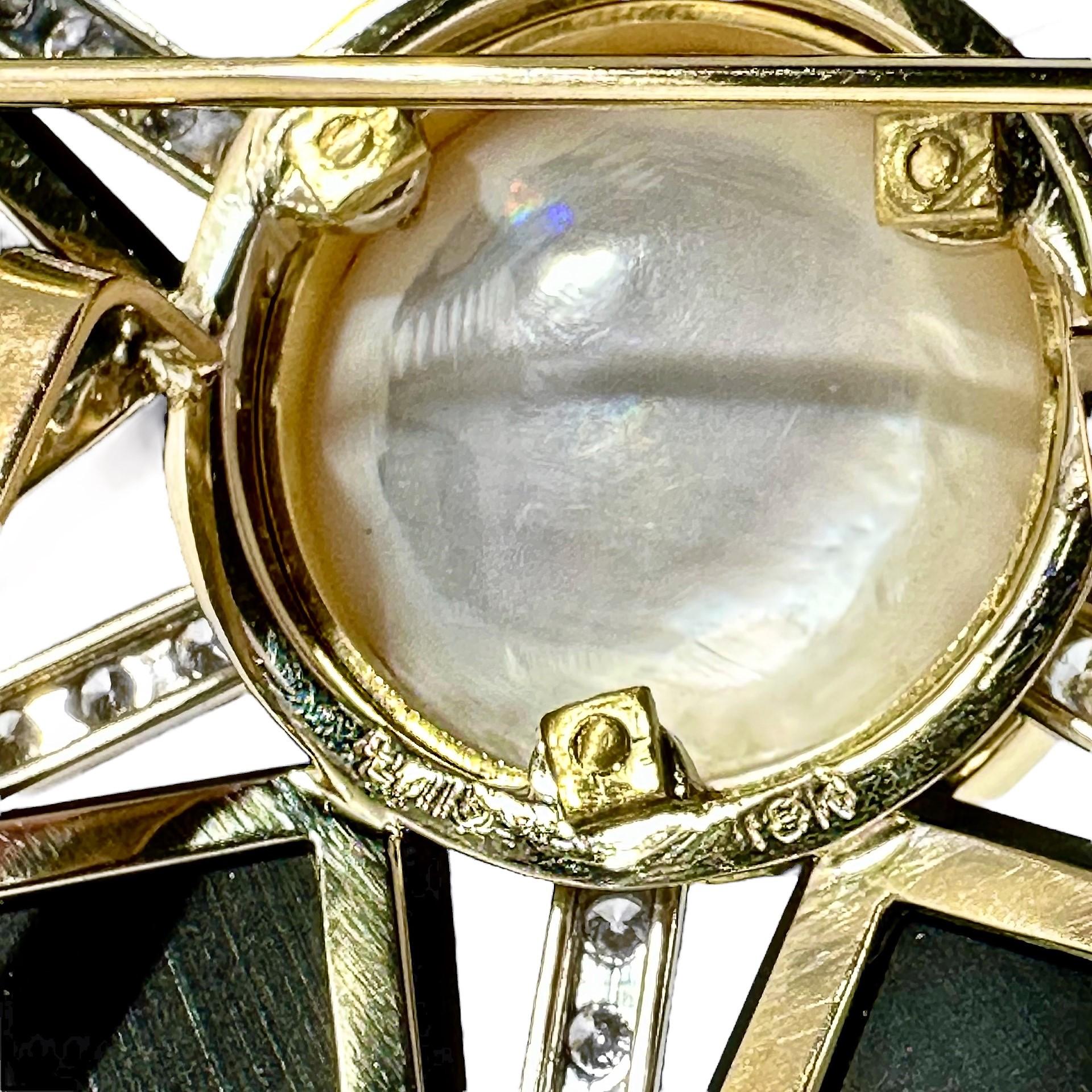 Emis Beros Brosche/Anhänger in Gold, Onyx, Mabe Perle und Diamanten, auffällig (Brillantschliff)