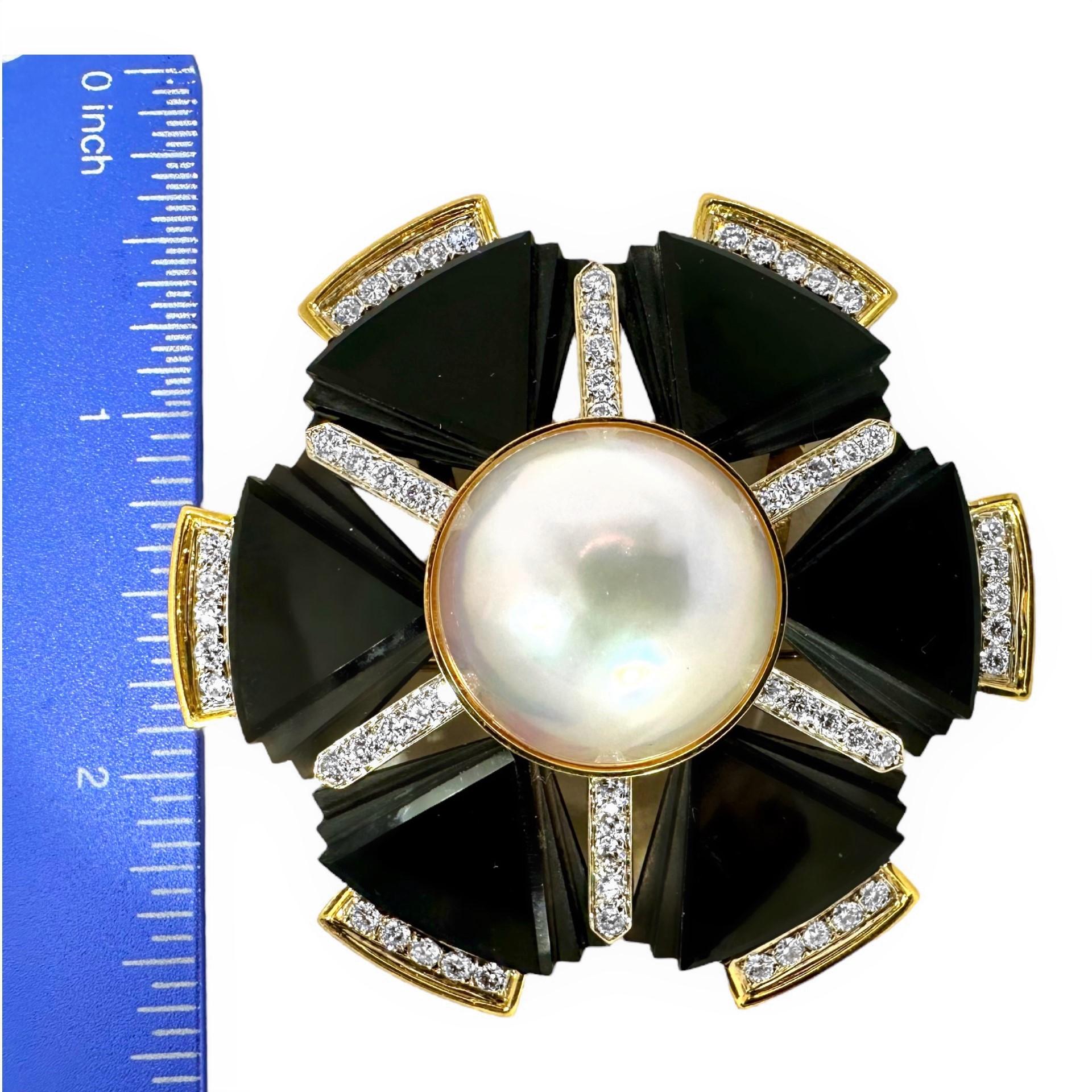 Emis Beros Brosche/Anhänger in Gold, Onyx, Mabe Perle und Diamanten, auffällig 1