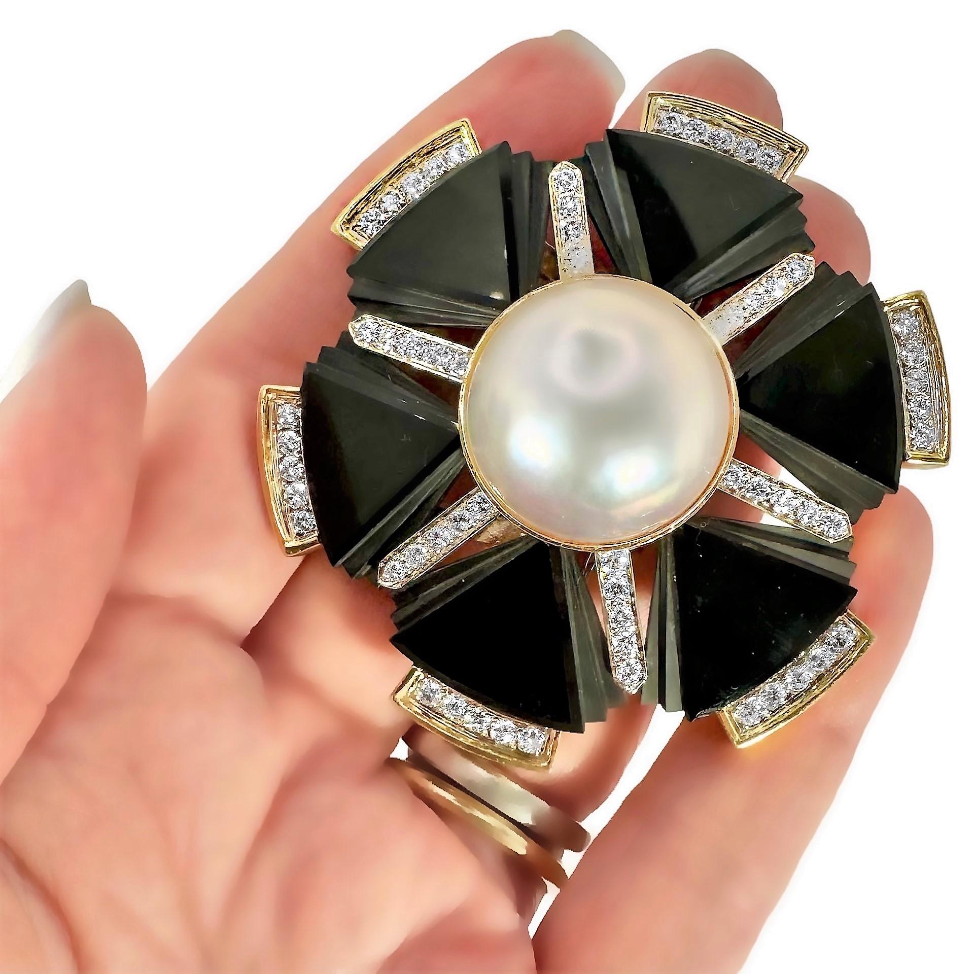 Emis Beros Brosche/Anhänger in Gold, Onyx, Mabe Perle und Diamanten, auffällig 2