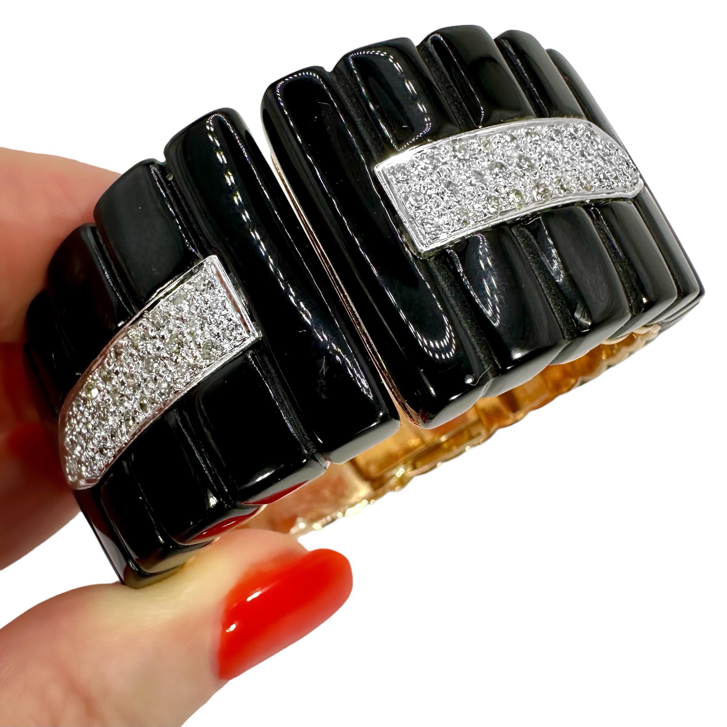 Bold & Stylish Late-20th Century Gold, Onyx & Diamond Cuff Bracelet 1 Inch Wide For Sale 10