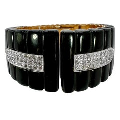 Bold & Stylish Late-20th Century Gold, Onyx & Diamond Cuff Bracelet 1 Inch Wide