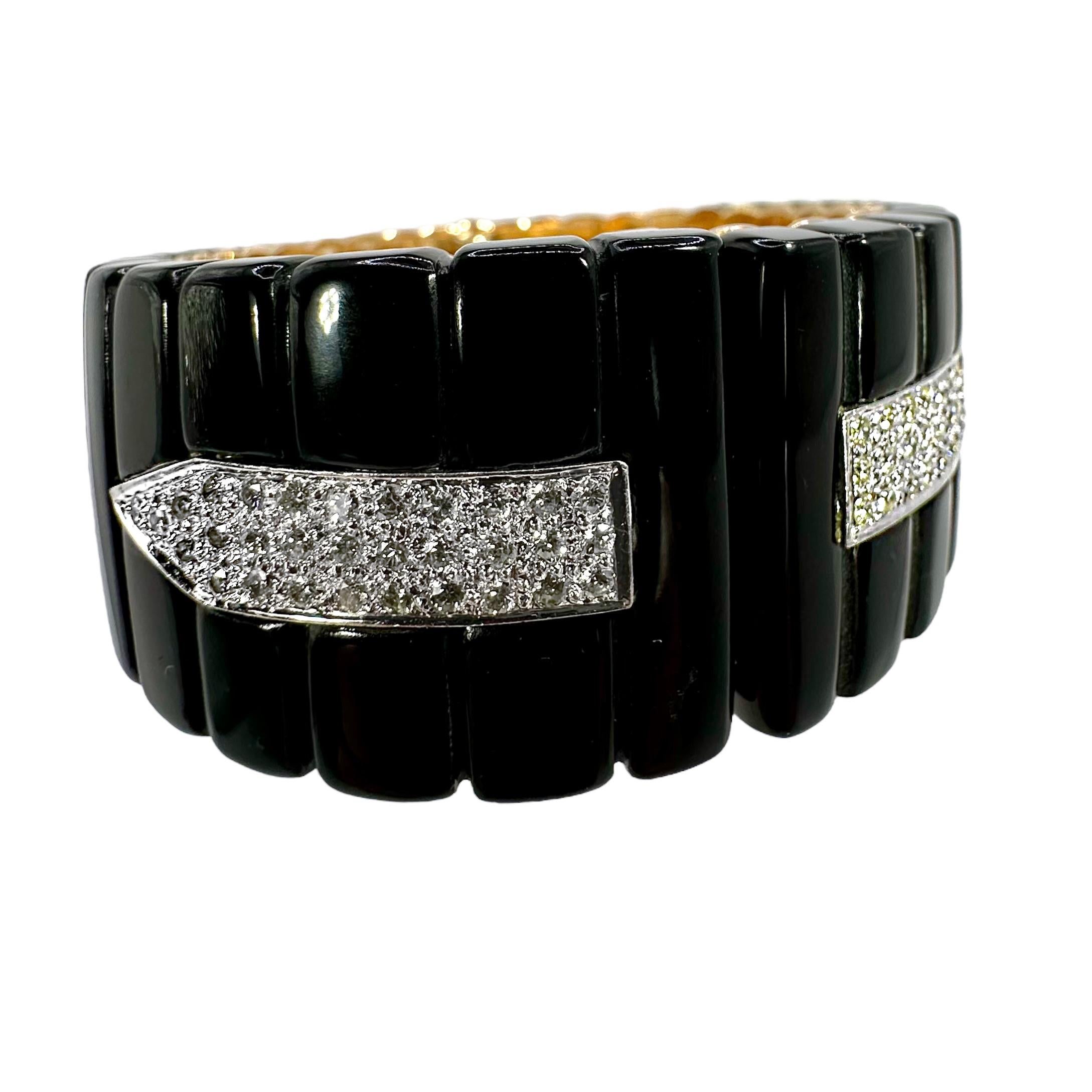 Bold & Stylish Late-20th Century Gold, Onyx & Diamond Cuff Bracelet 1 Inch Wide For Sale 3