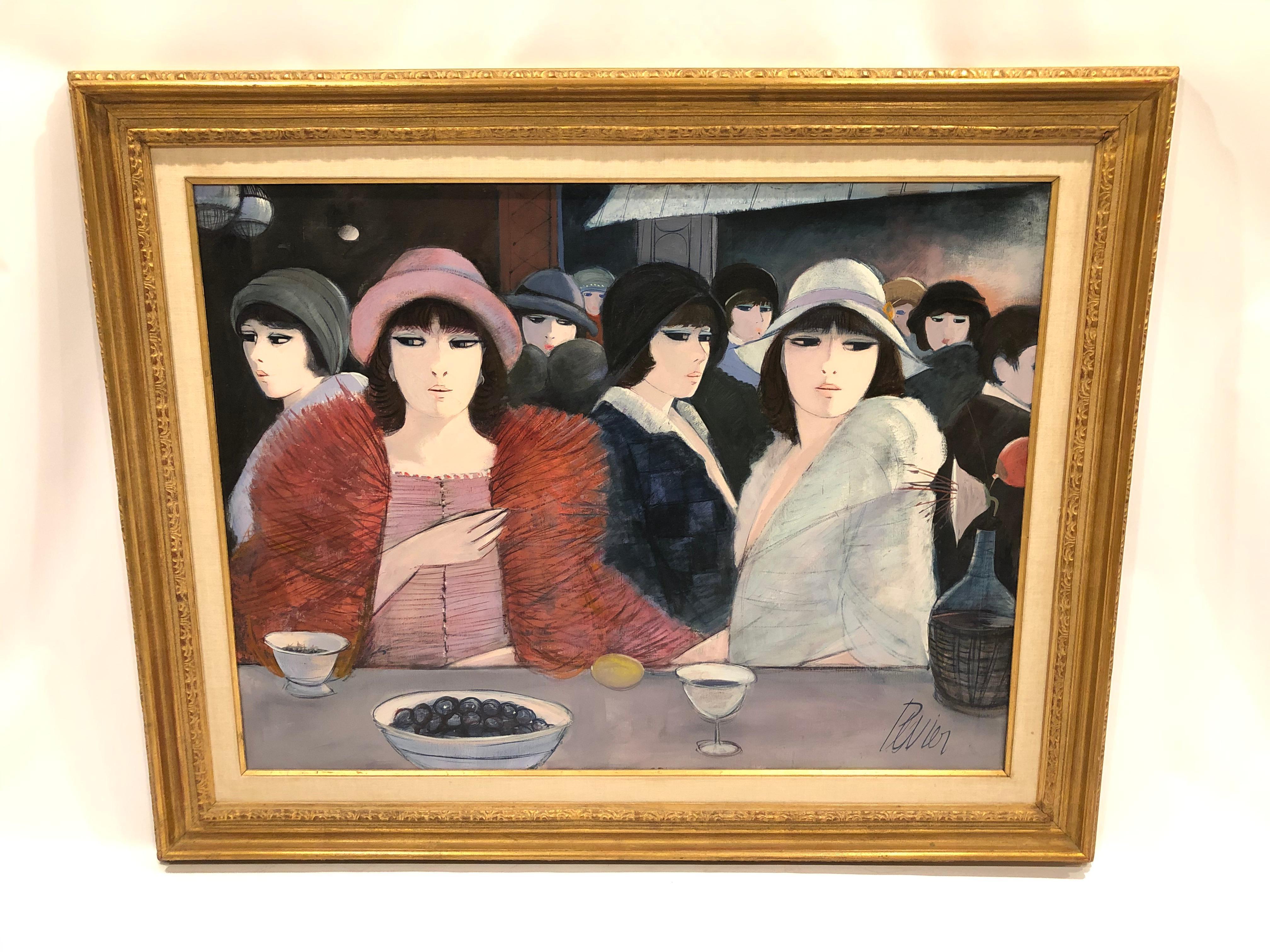 Charles Levier was born in 1920 in Corsica France and died in 2003. This incredible large painting is emblematic of his famous recognizable stylized female figures with hollow almost Asian eyes and modern cubist sensibility. He is known as a mid