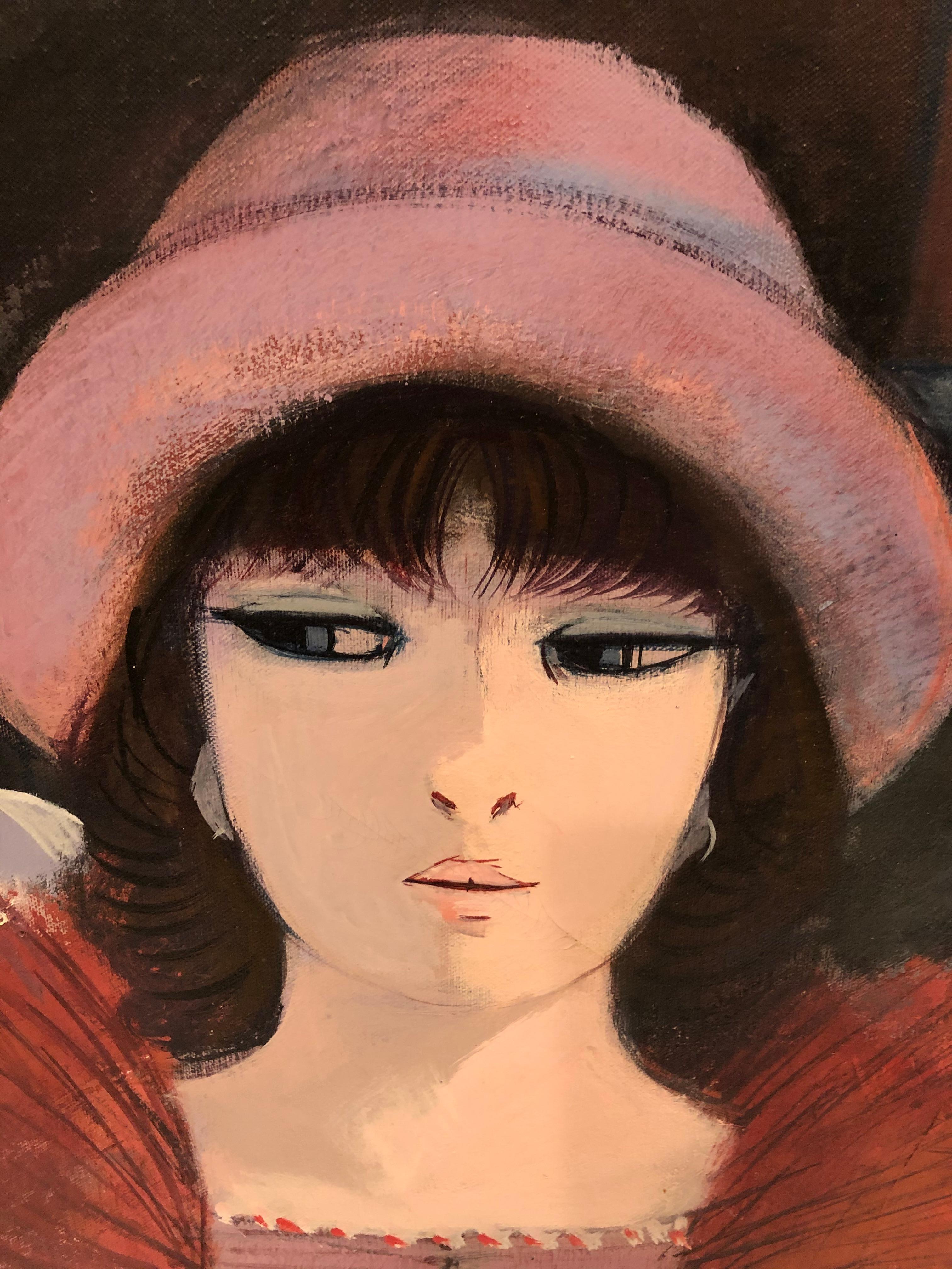 Mid-Century Modern Peinture stylisée de Charles Levier représentant des femmes françaises à la mode portant des chapeaux en vente