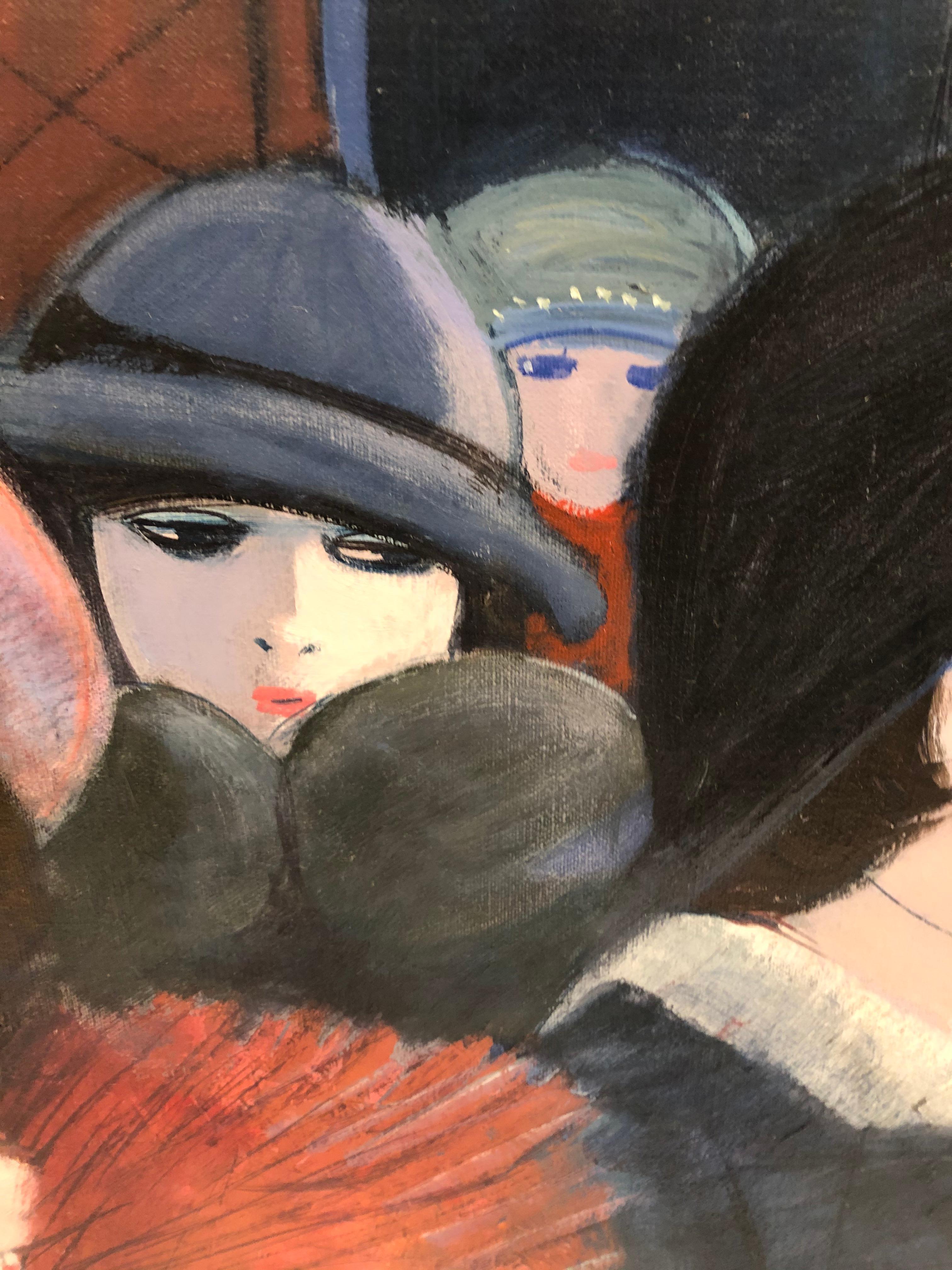 Bold stilisiertes Gemälde von Charles Levier von modischen französischen Frauen mit Huten (Französisch) im Angebot