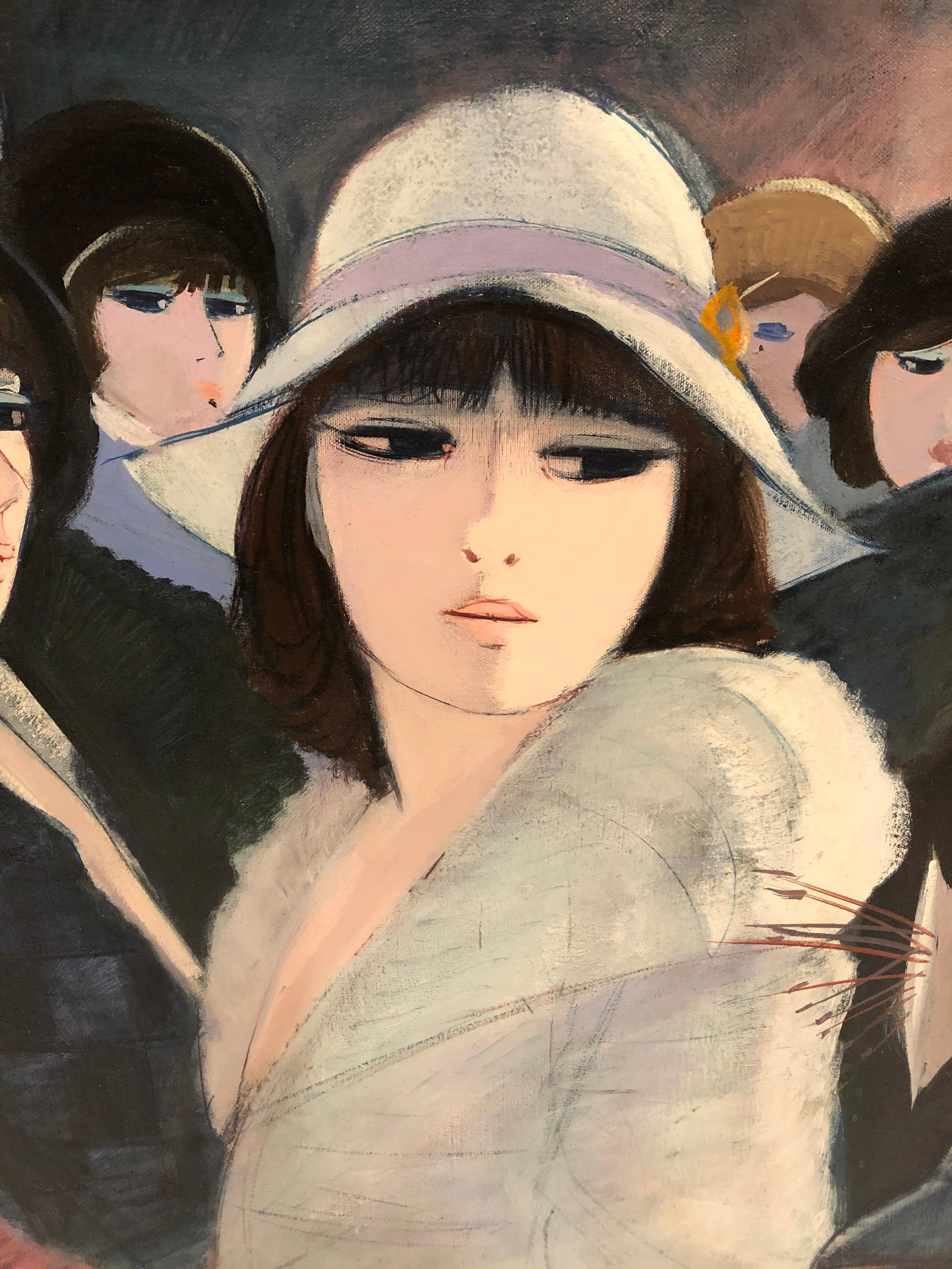 Bold Stylized Painting by Charles Levier of Fashionable French Women in Hats In Excellent Condition For Sale In Hopewell, NJ