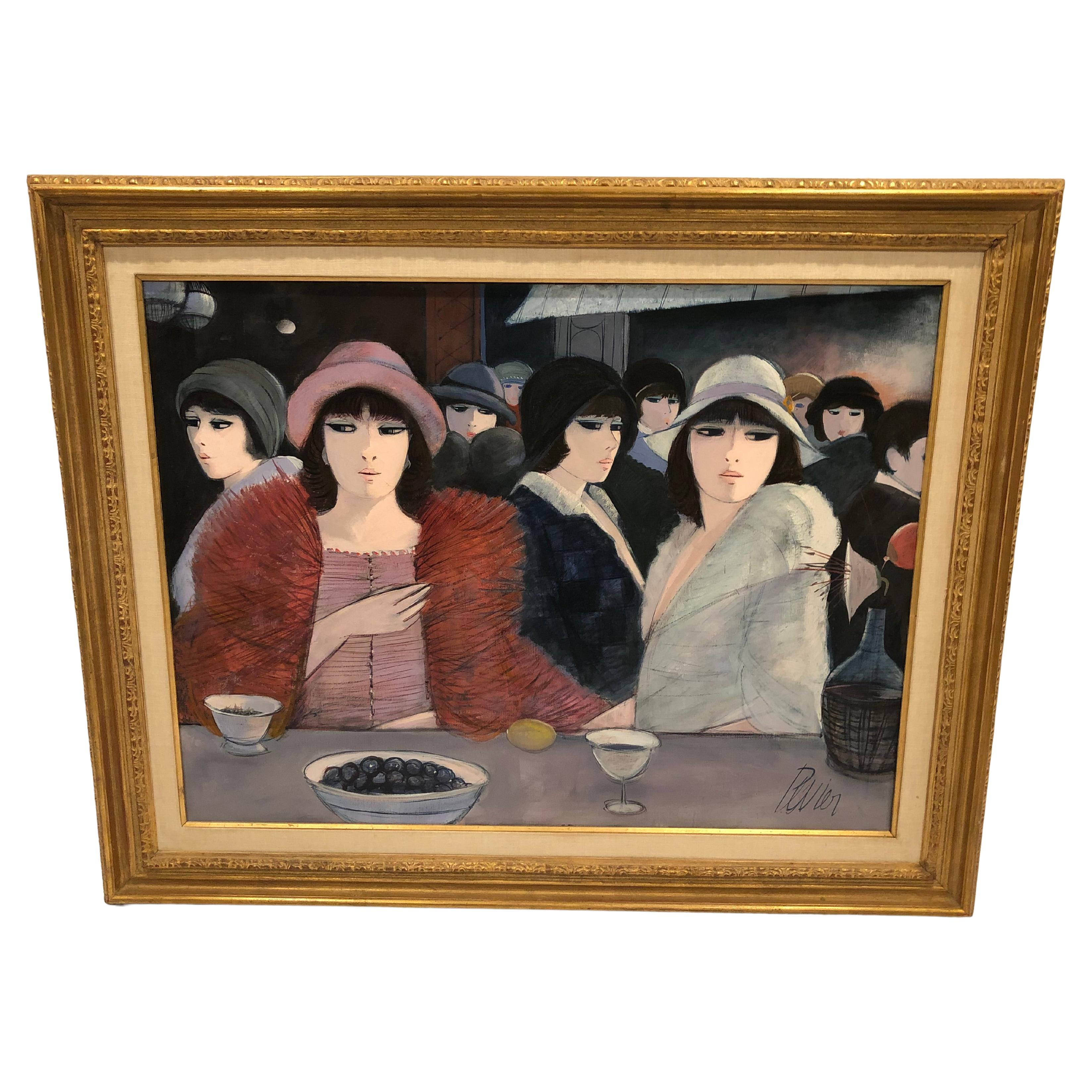 Bold Stylized Painting by Charles Levier of Fashionable French Women in Hats