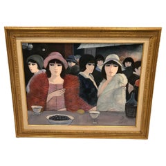 Bold Stylized Painting by Charles Levier of Fashionable French Women in Hats