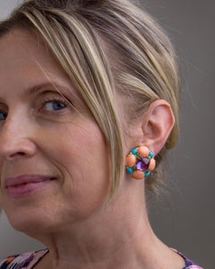 Bold Sugarloaf Amethyst, Coral, Diamond, Turquoise & Green Agate Ear Clips