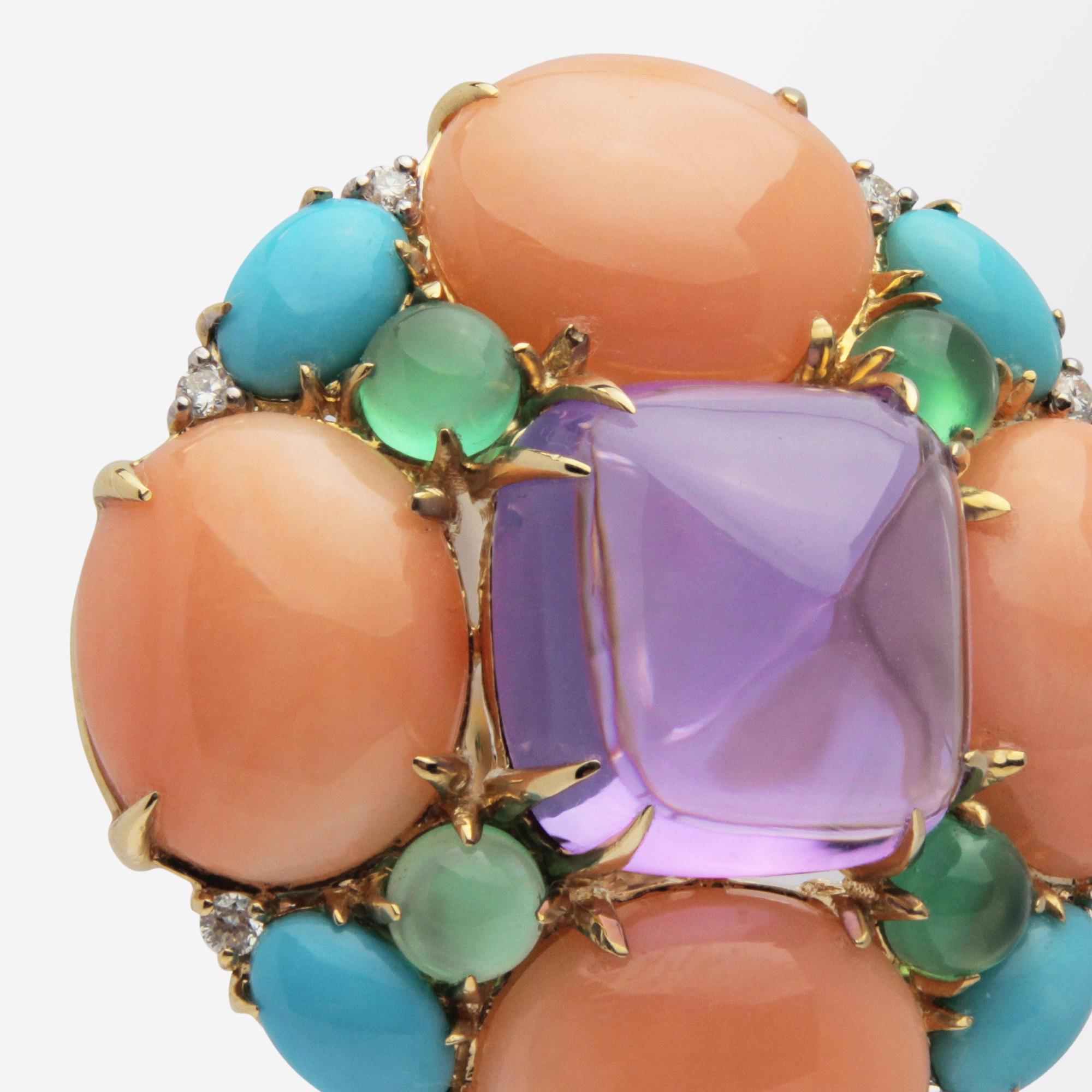 Cabochon Bold Sugarloaf Amethyst, Coral, Diamond, Turquoise & Green Agate Ear Clips For Sale