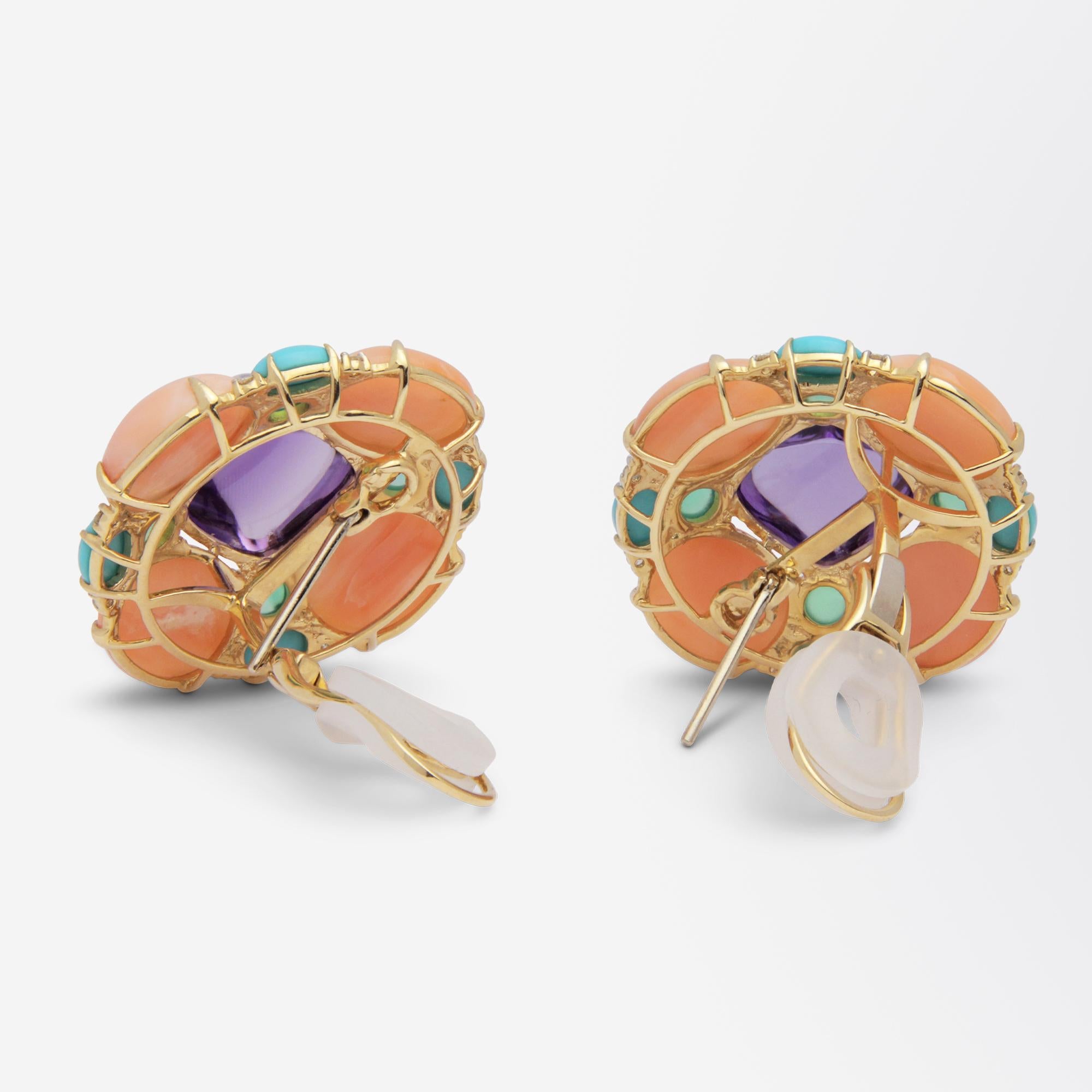 Bold Sugarloaf Amethyst, Coral, Diamond, Turquoise & Green Agate Ear Clips In Good Condition For Sale In Brisbane City, QLD