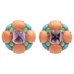 Bold Sugarloaf Amethyst, Coral, Diamond, Turquoise & Green Agate Ear Clips