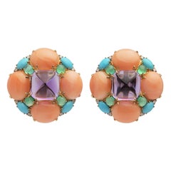 Bold Sugarloaf Amethyst, Coral, Diamond, Turquoise & Green Agate Ear Clips