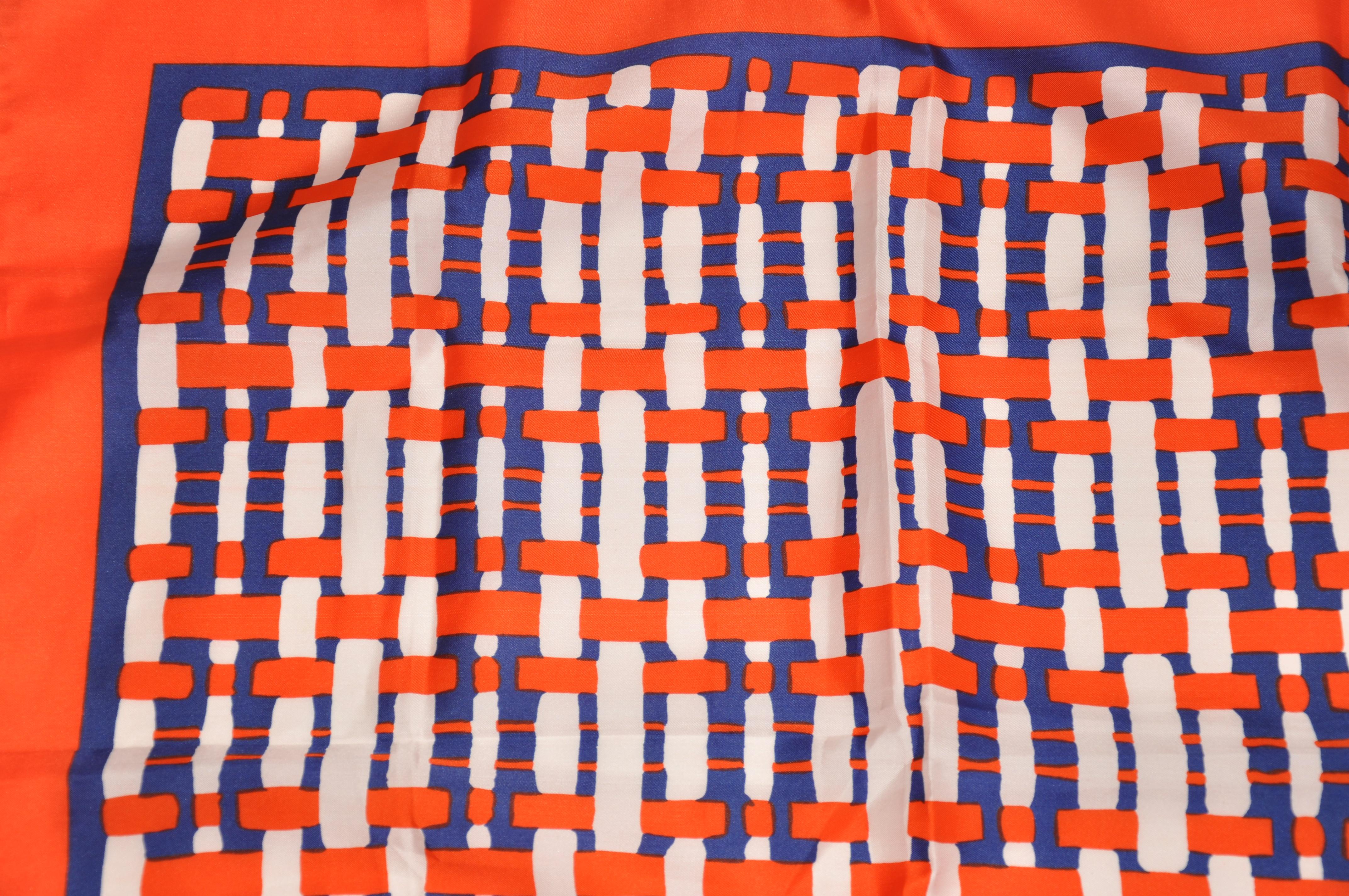 Bold Tangerine Borders With Center Plaid Checker Scarf In Good Condition For Sale In New York, NY