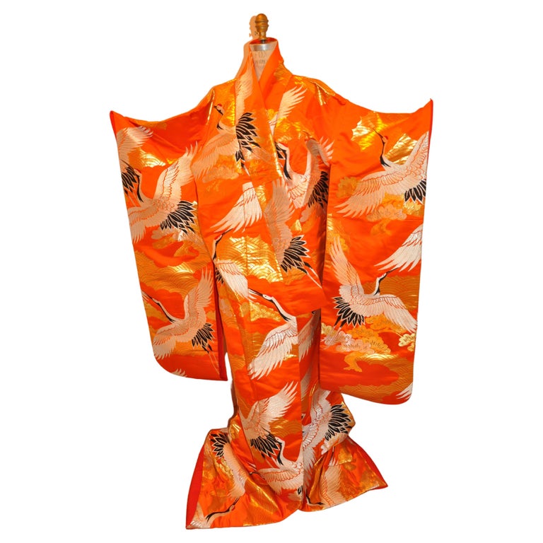 Bold Tangerine Ceremonial "Lucky Cranes Spreading Happiness" Silk Kimono For Sale