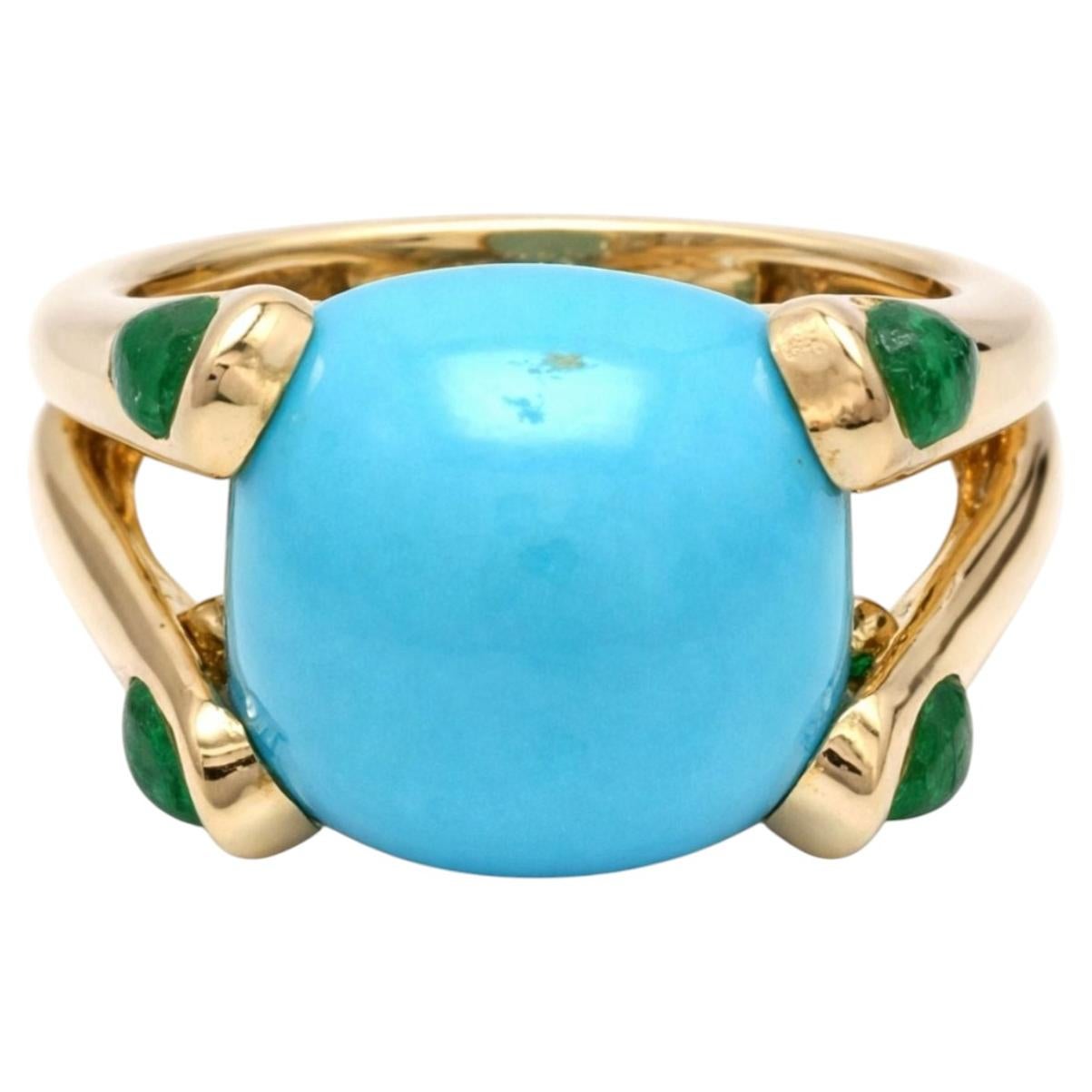 Bold Turquoise Cabochon 14K (18K Custom) Yellow Gold Ring