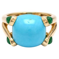 Bold Turquoise Cabochon 14K (18K Custom) Yellow Gold Ring