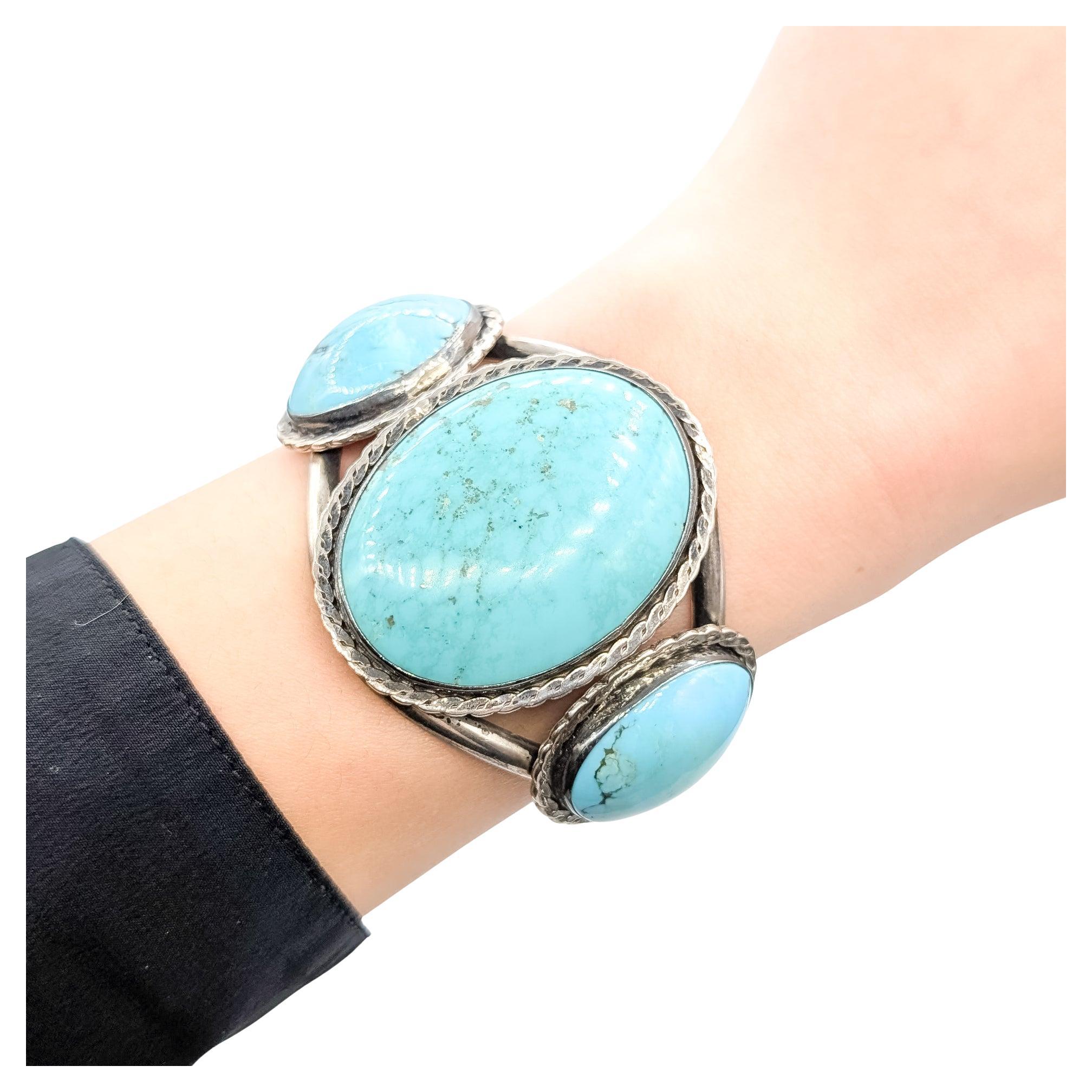 Bold Turquoise Triple-Stone Cuff Bracelet in Sterling Silver For Sale