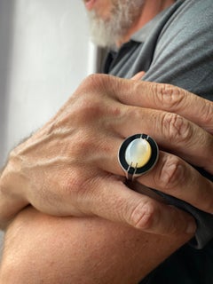 Man Bold Unisex 14K Gold Moonstone Ring with Black Enamel River Design