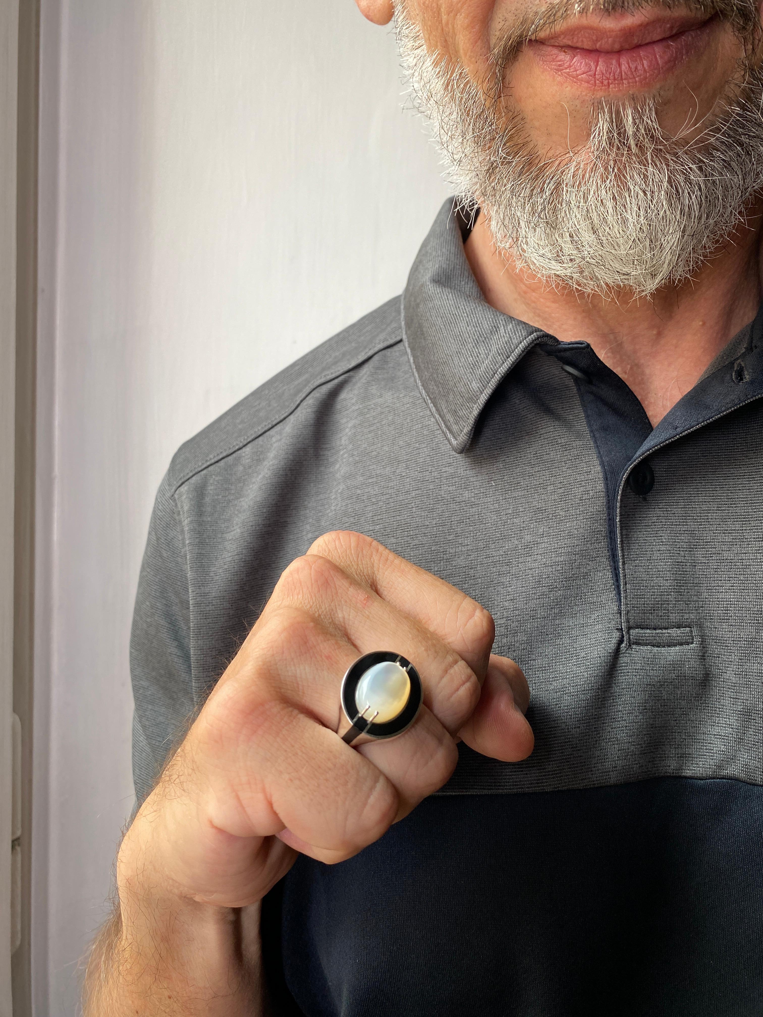 Art Deco Man Bold Unisex 14K Gold Moonstone Ring with Black Enamel River Design For Sale