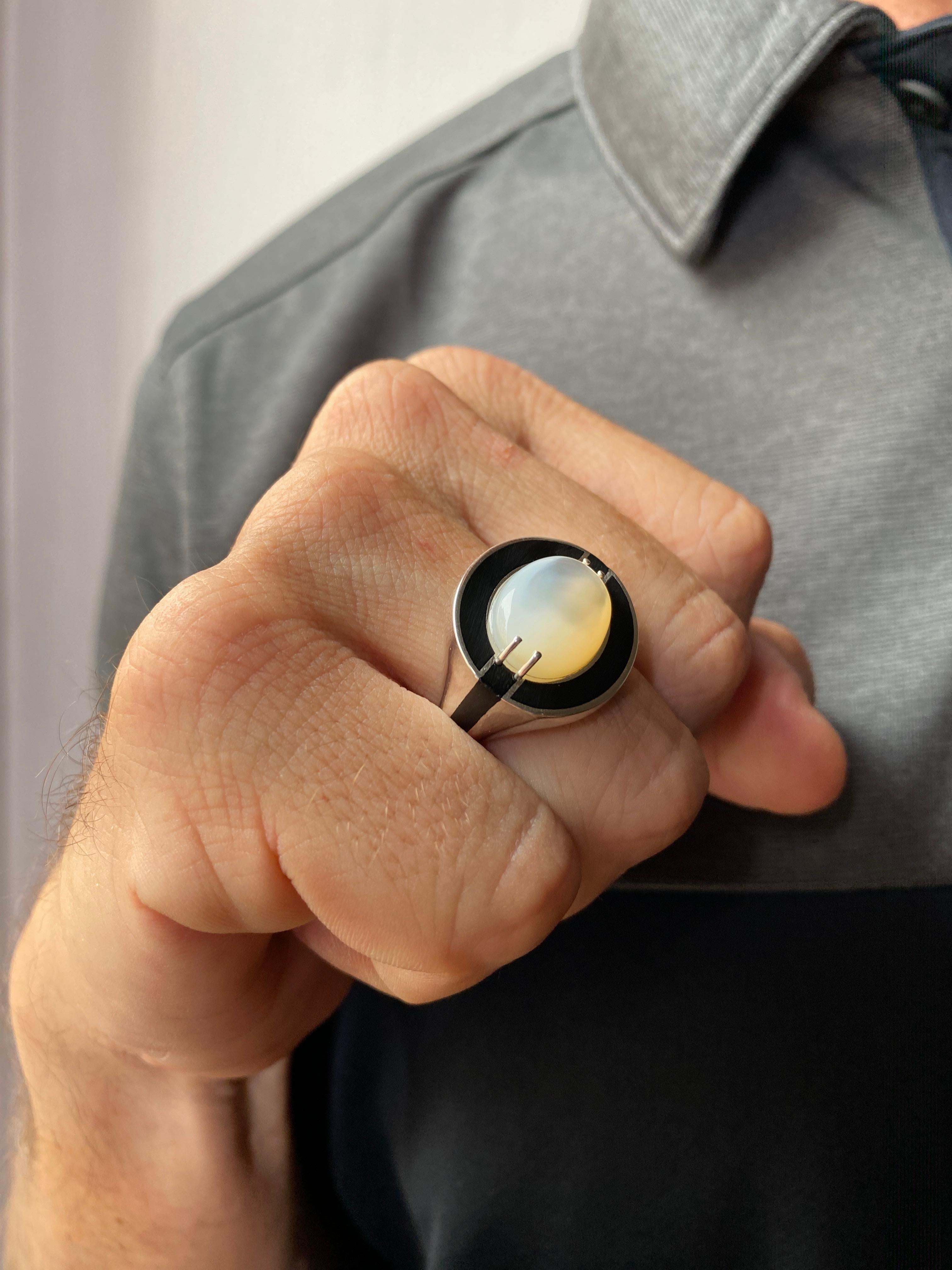 Oval Cut Man Bold Unisex 14K Gold Moonstone Ring with Black Enamel River Design For Sale