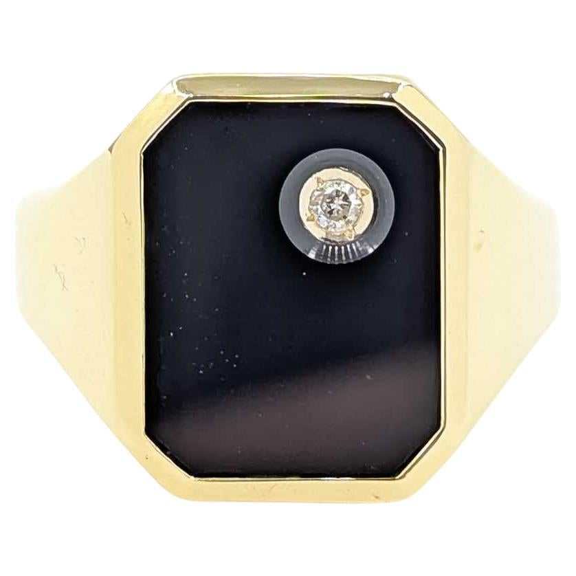 Bold Vintage Diamond & Onyx Signet Ring in 14k Yellow Gold For Sale