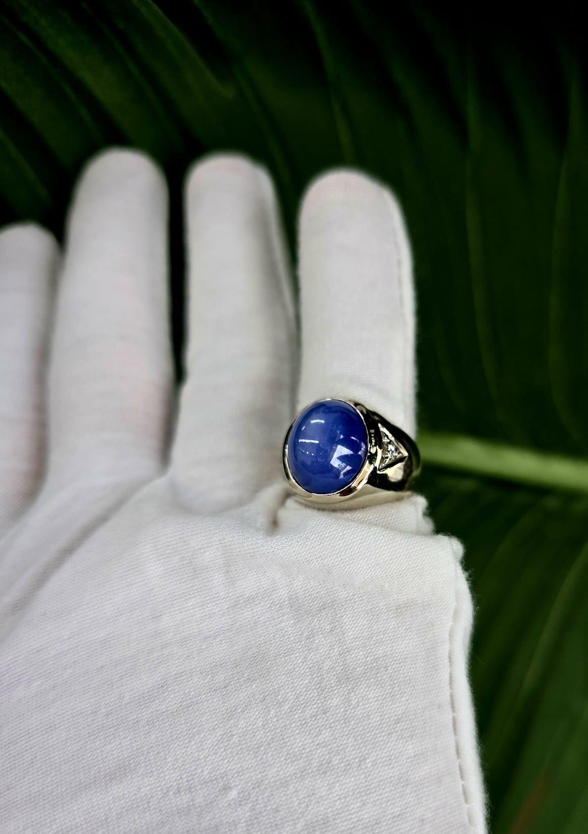 Taille cabochon Bague Vintage pour homme avec saphir étoilé cultivé par la GIA Or blanc 14k en vente