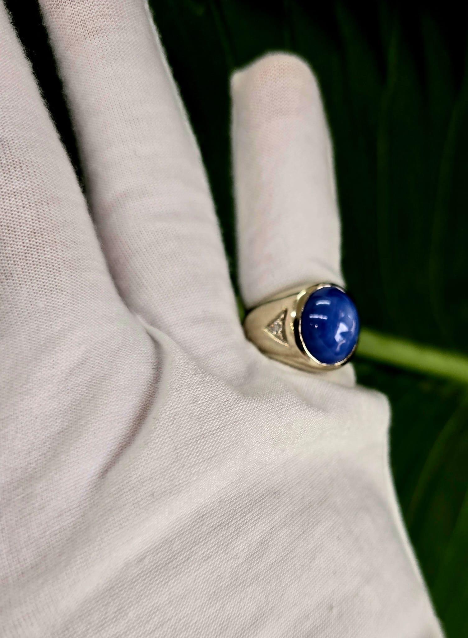 Bague Vintage pour homme avec saphir étoilé cultivé par la GIA Or blanc 14k Bon état - En vente à Miami, FL