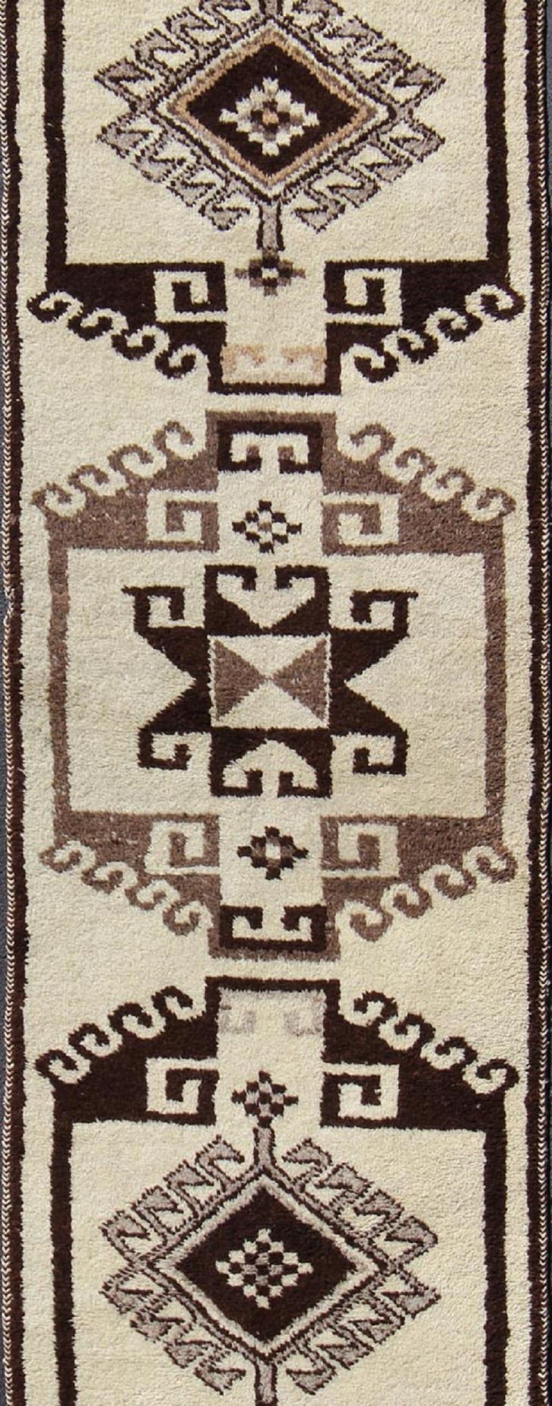 Hand-Knotted Bold Vintage Turkish Tulu Gallery Rug with Tribal Design in Dark Brown and Cream For Sale