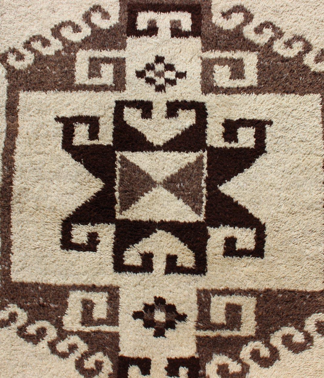 Wool Bold Vintage Turkish Tulu Gallery Rug with Tribal Design in Dark Brown and Cream For Sale