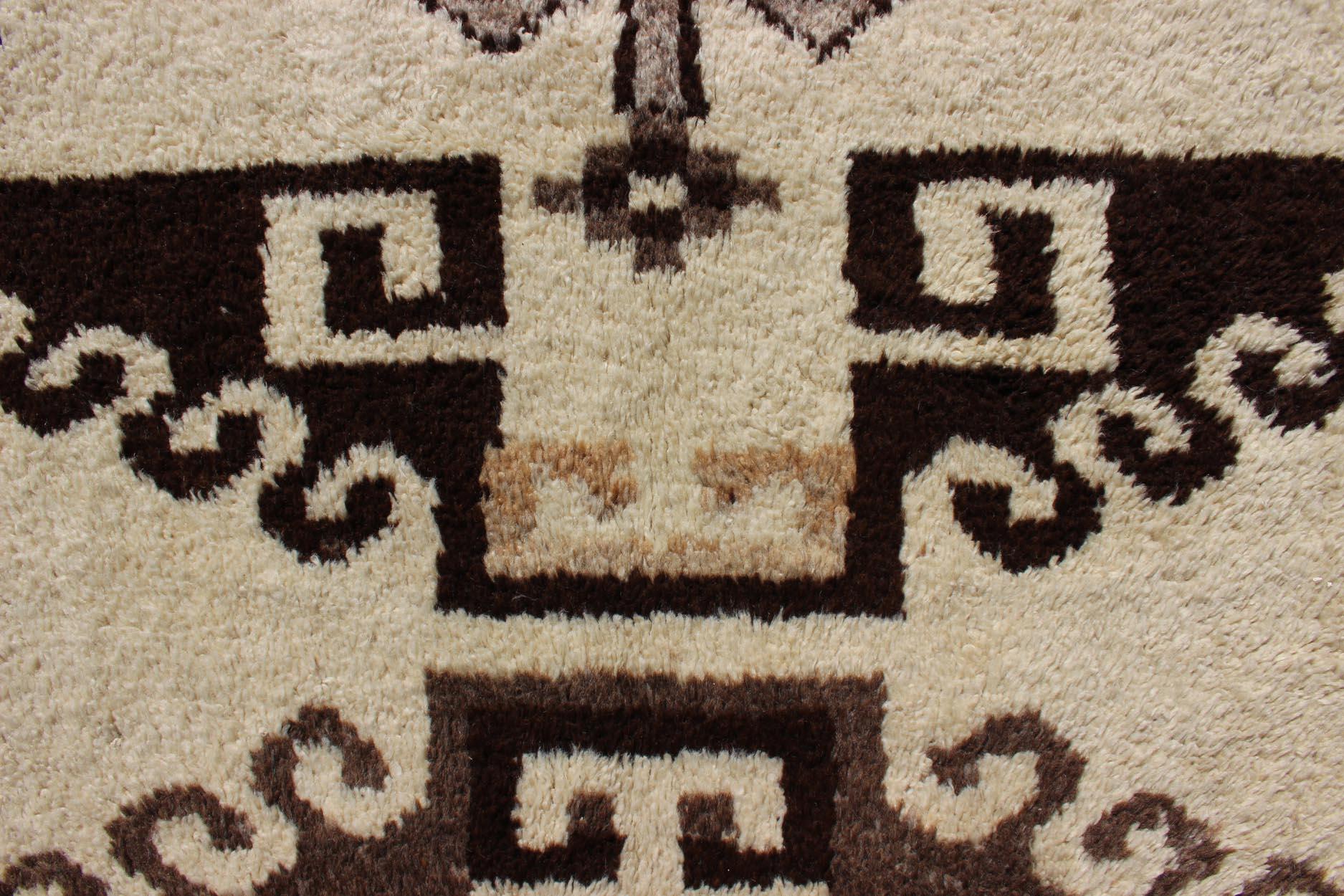 Bold Vintage Turkish Tulu Gallery Rug with Tribal Design in Dark Brown and Cream For Sale 2