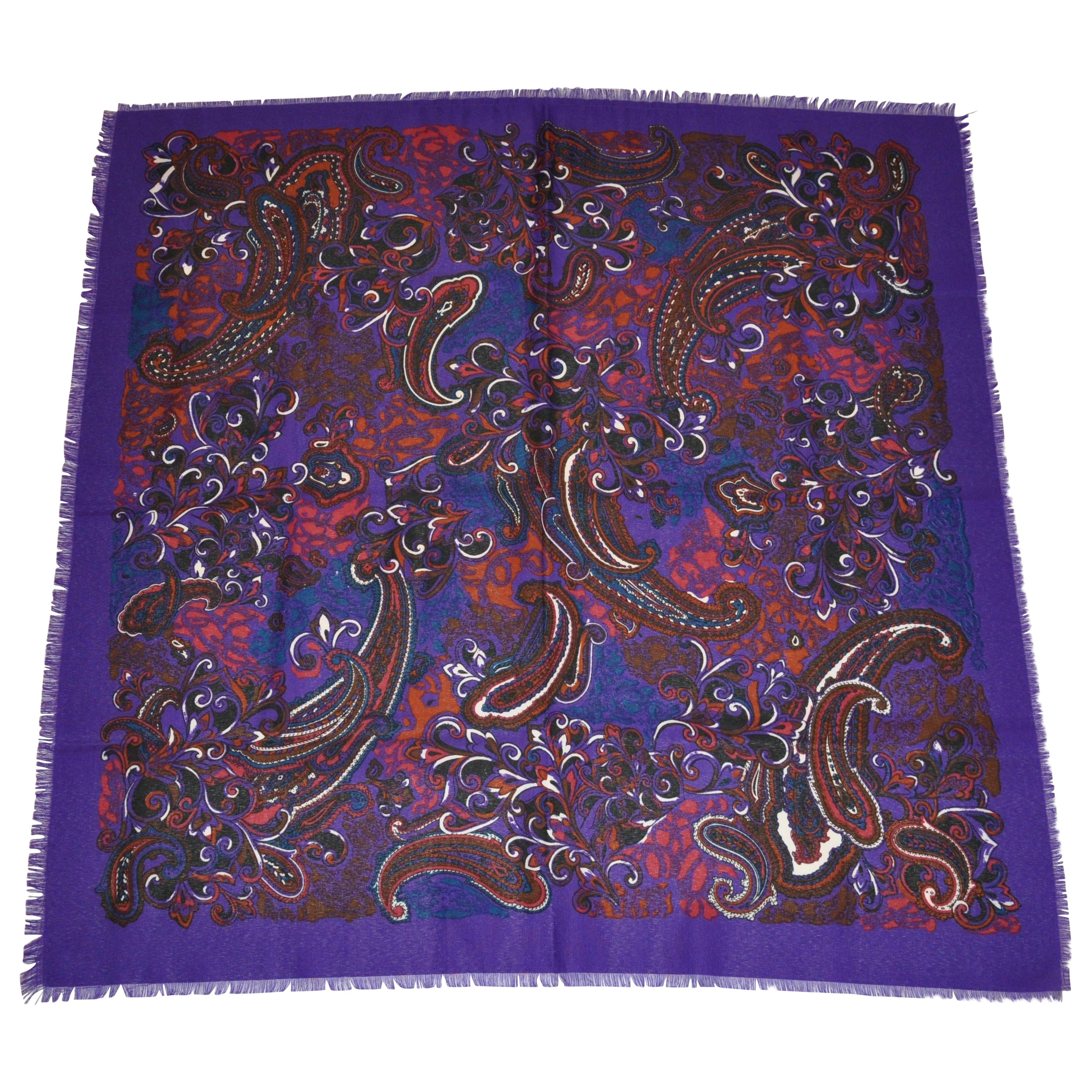 Bold Violet "Swirls Of Multi Palsey" Cotton Blend Fringe Scarf For Sale