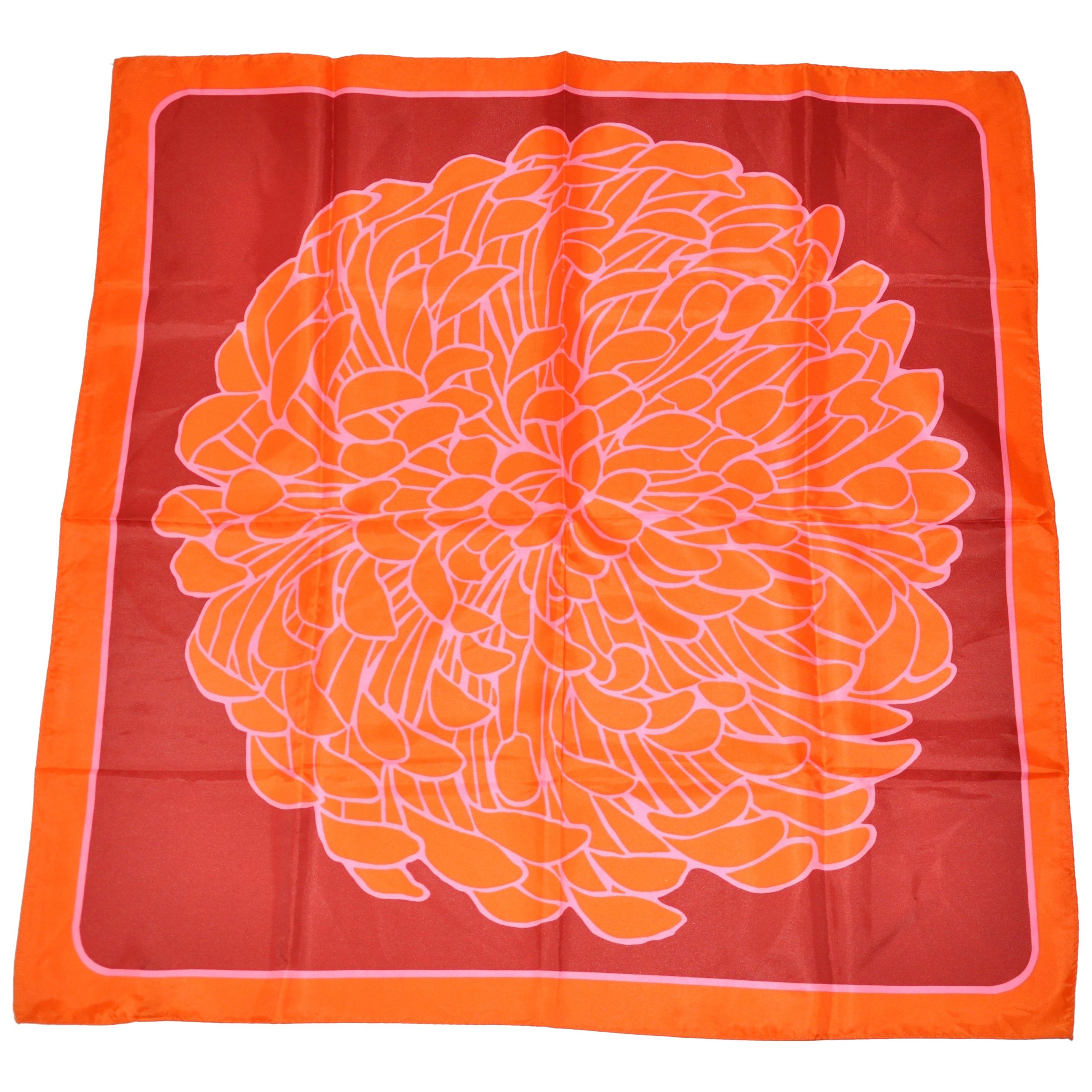 Bold Whimsical Shades of Tangerine with Fuchsia & Red "Flower In Bloom" Scarf For Sale