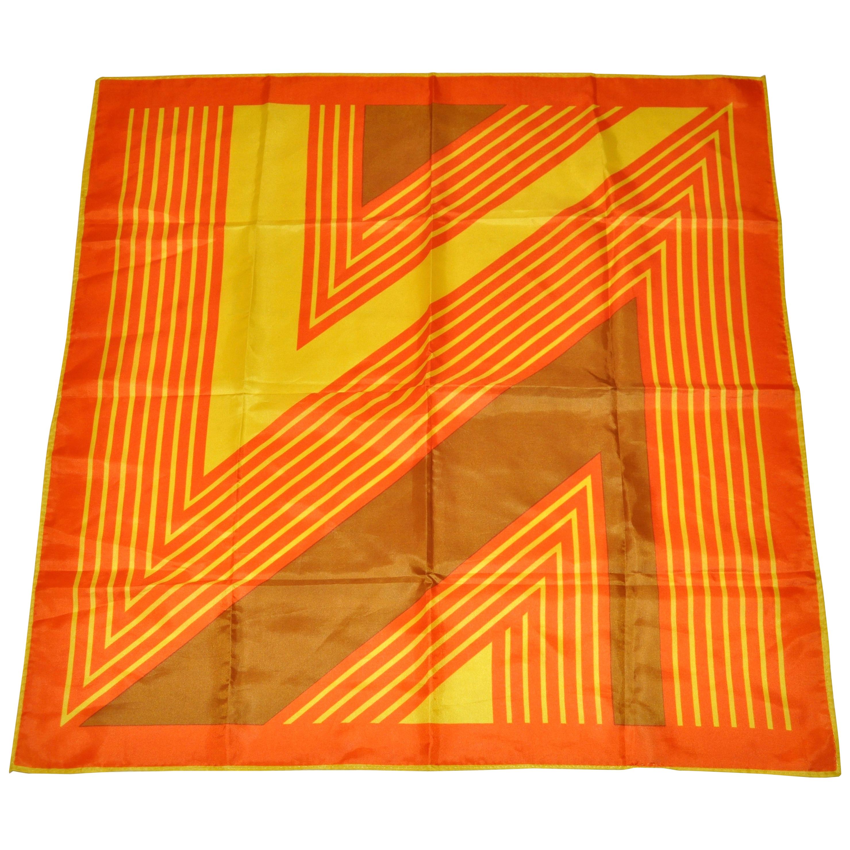Bold Whimsical Tangerine & Yellow "Abstract Block Stripes" Polyester Scarf For Sale