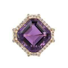Anello in oro giallo con ametista taglio Asher da 11,62 carati e diamanti da 0,36 carati