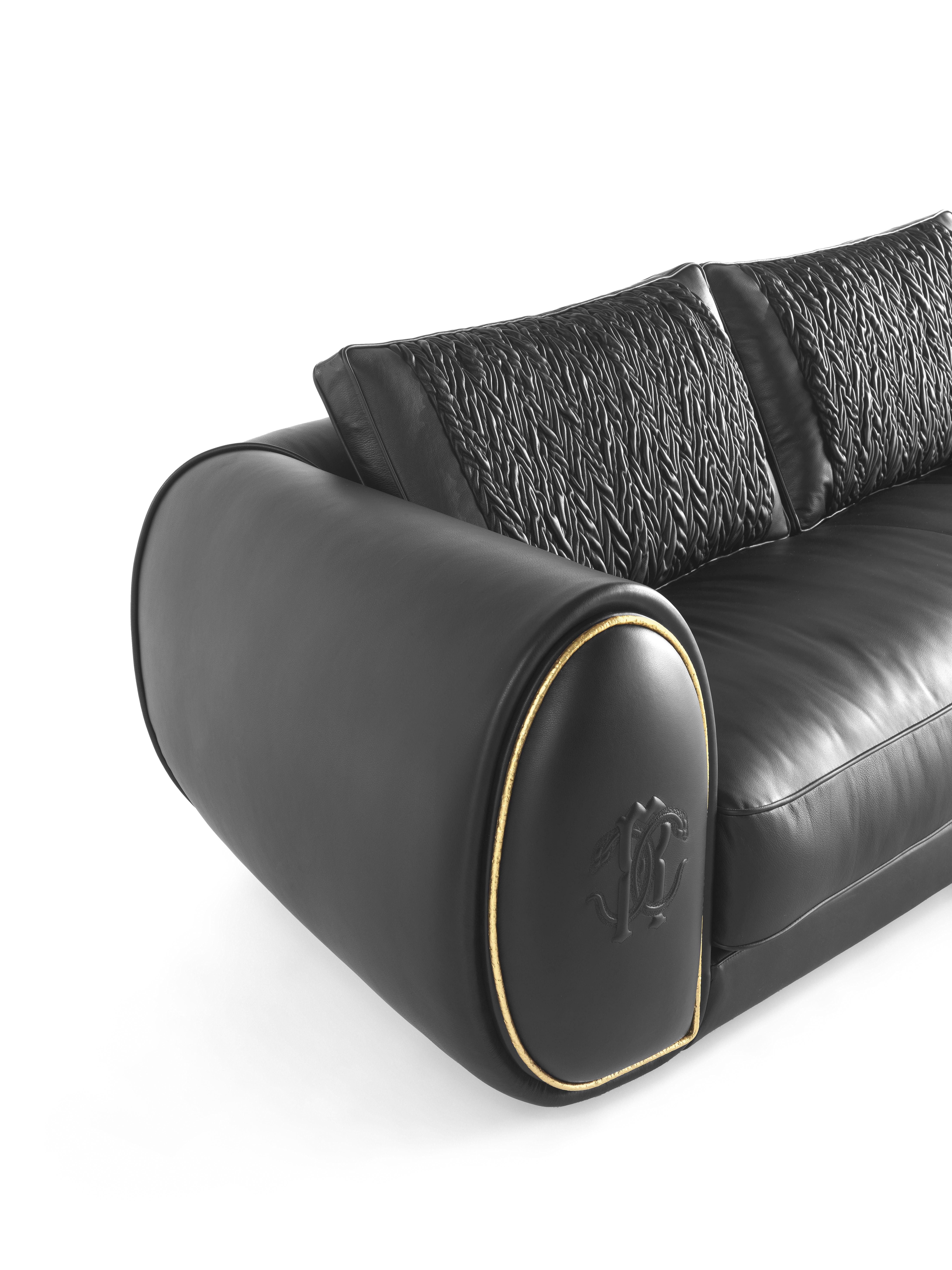 Modern 21st Century Bold.2 Sofa in Black Leather by Roberto Cavalli Home Interiors For Sale