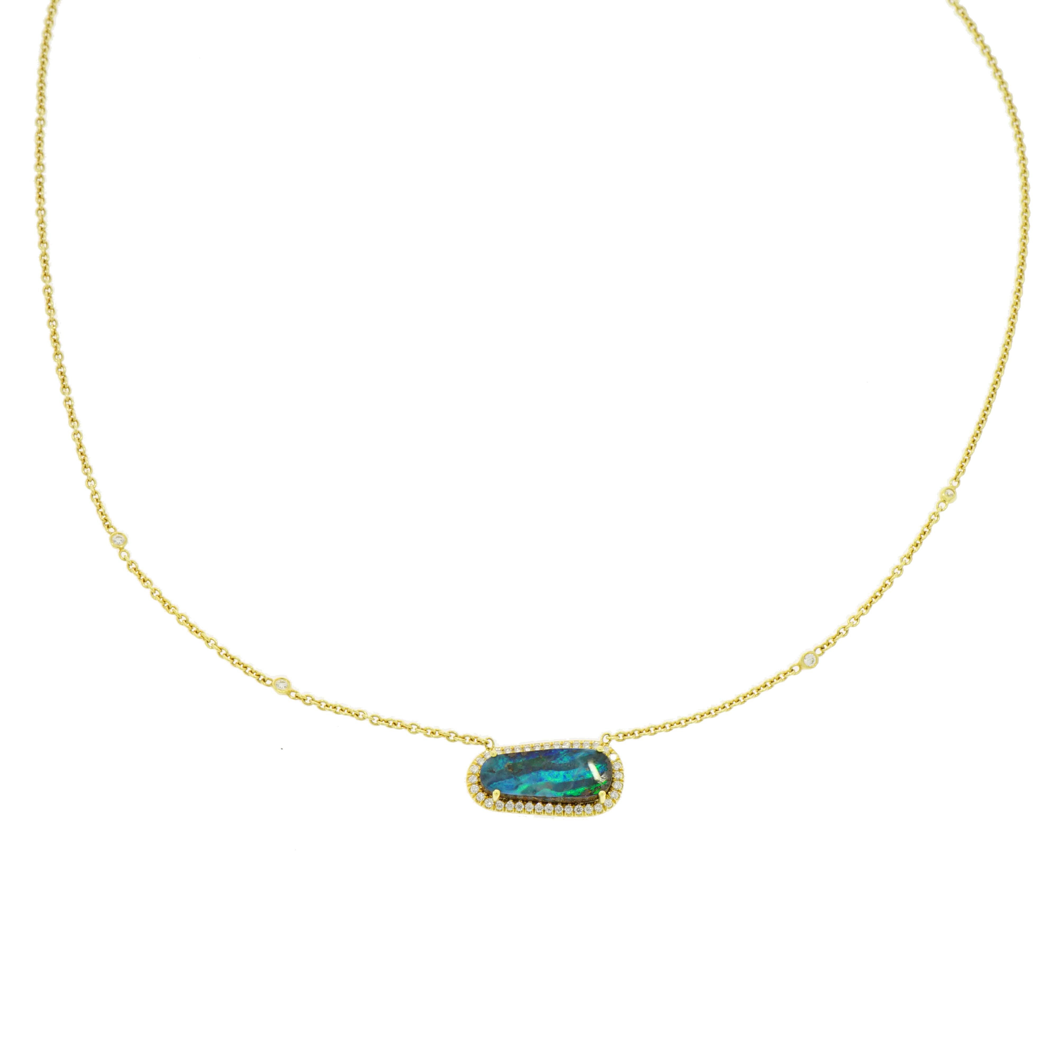 Layering a gold chain is the key to a chic summer look. This Boulder Opal yellow gold necklace is well suited to delicately layer around the neck, and often just wear it by itself for added versatility ;) Designed and crafted in NYC in 18k yellow