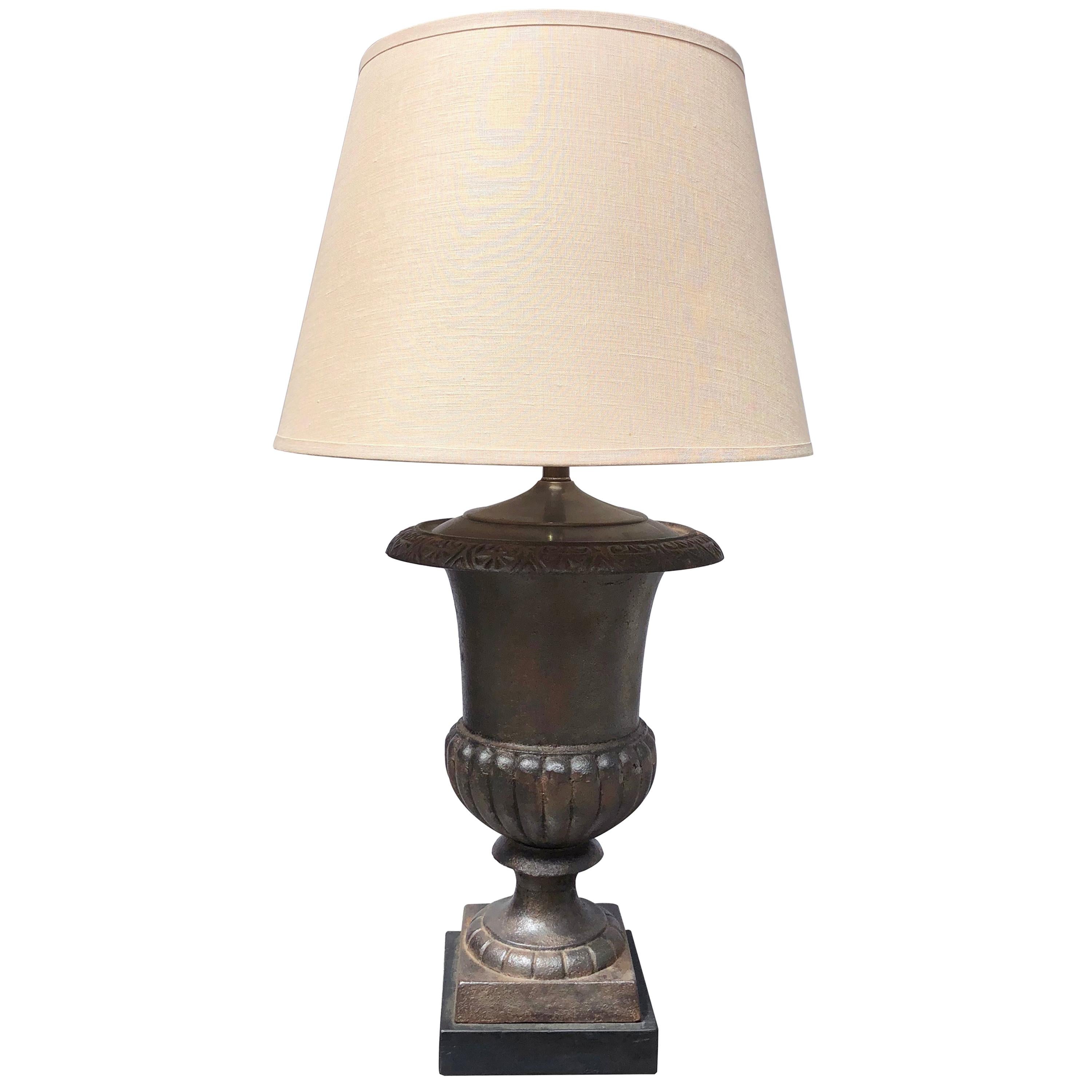 Boldly-Scaled French Steel-Brushed Iron Campagna Urn Now Mounted as a Lamp