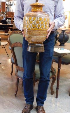 Boldly-Scaled Pair of Italian 1960s Ochre-Glazed Jar-Form Lamps