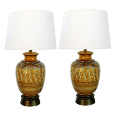 Vintage Boldly-Scaled Pair of Italian 1960s Ochre-Glazed Jar-Form Lamps