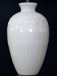 Boldly-Scaled American 1960s White Crater-Glazed Ovoid Form Ceramic Lamps, Pair