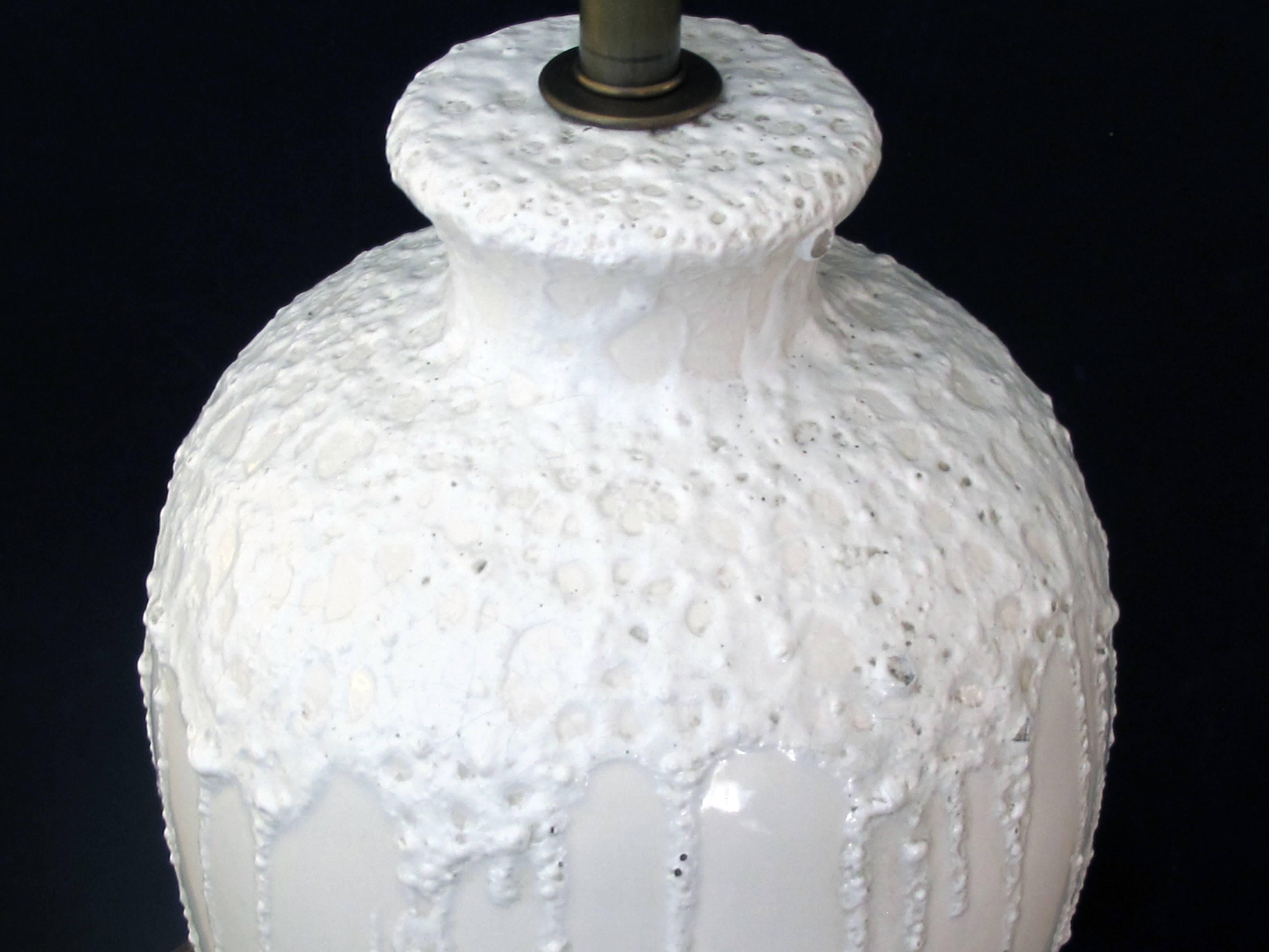 Mid-Century Modern Boldly-Scaled American 1960s White Crater-Glazed Ovoid Form Ceramic Lamps, Pair