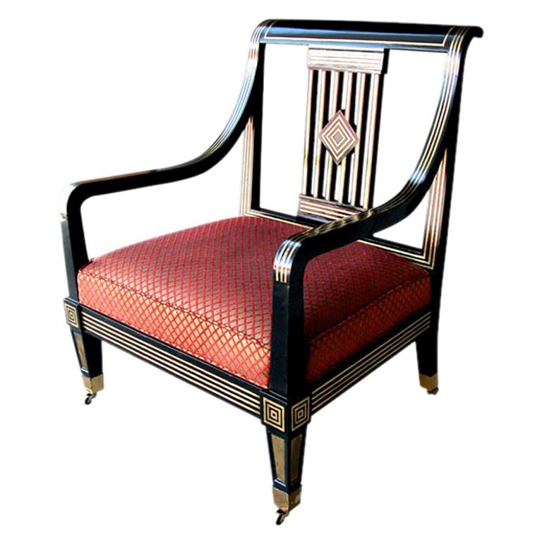 Boldly Scaled Russian Neoclassical Style Black Lacquer Armchair w Brass Inlay