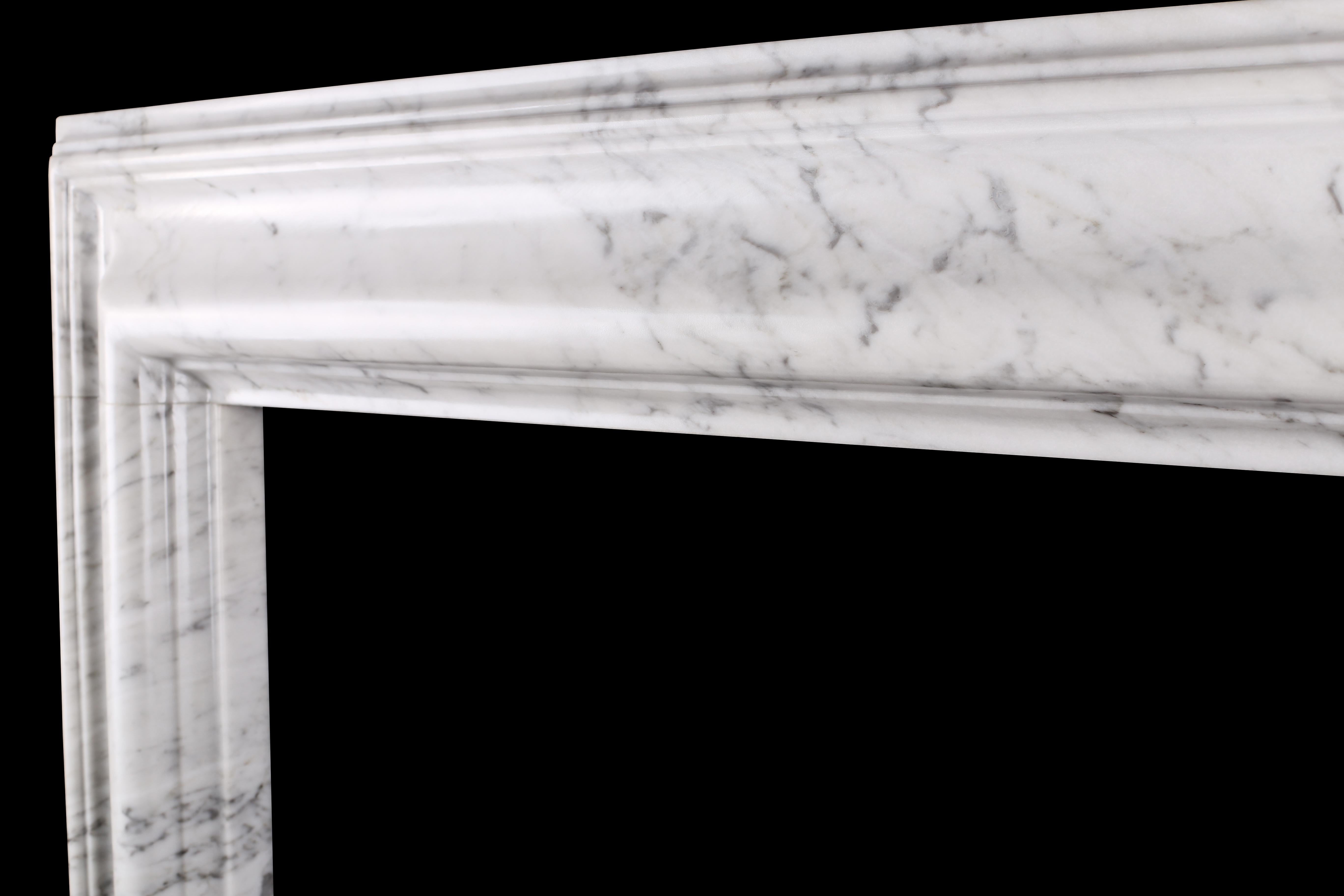 British Bolection Fireplace in Italian White Carrara Marble For Sale