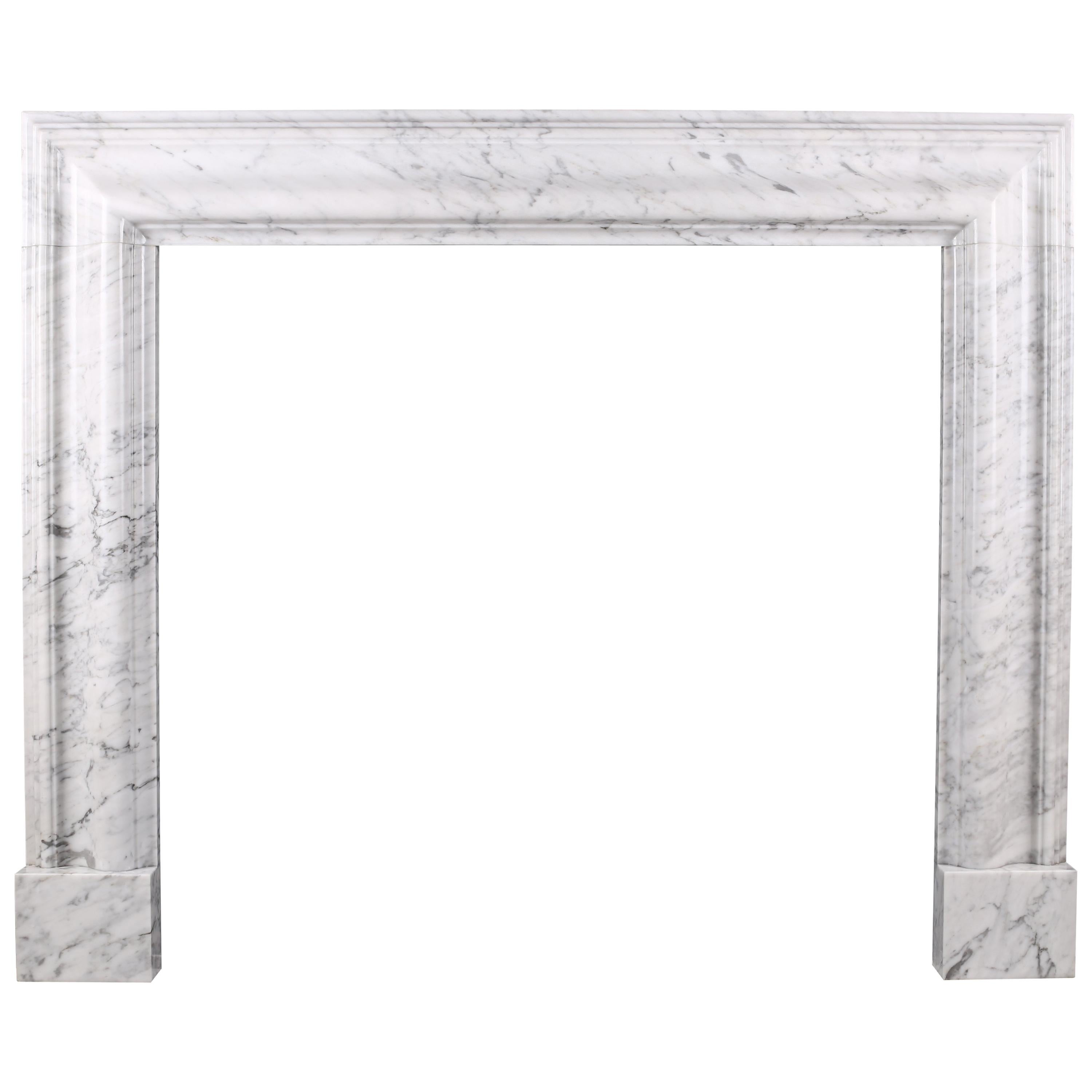 Bolection Fireplace in Italian White Carrara Marble For Sale