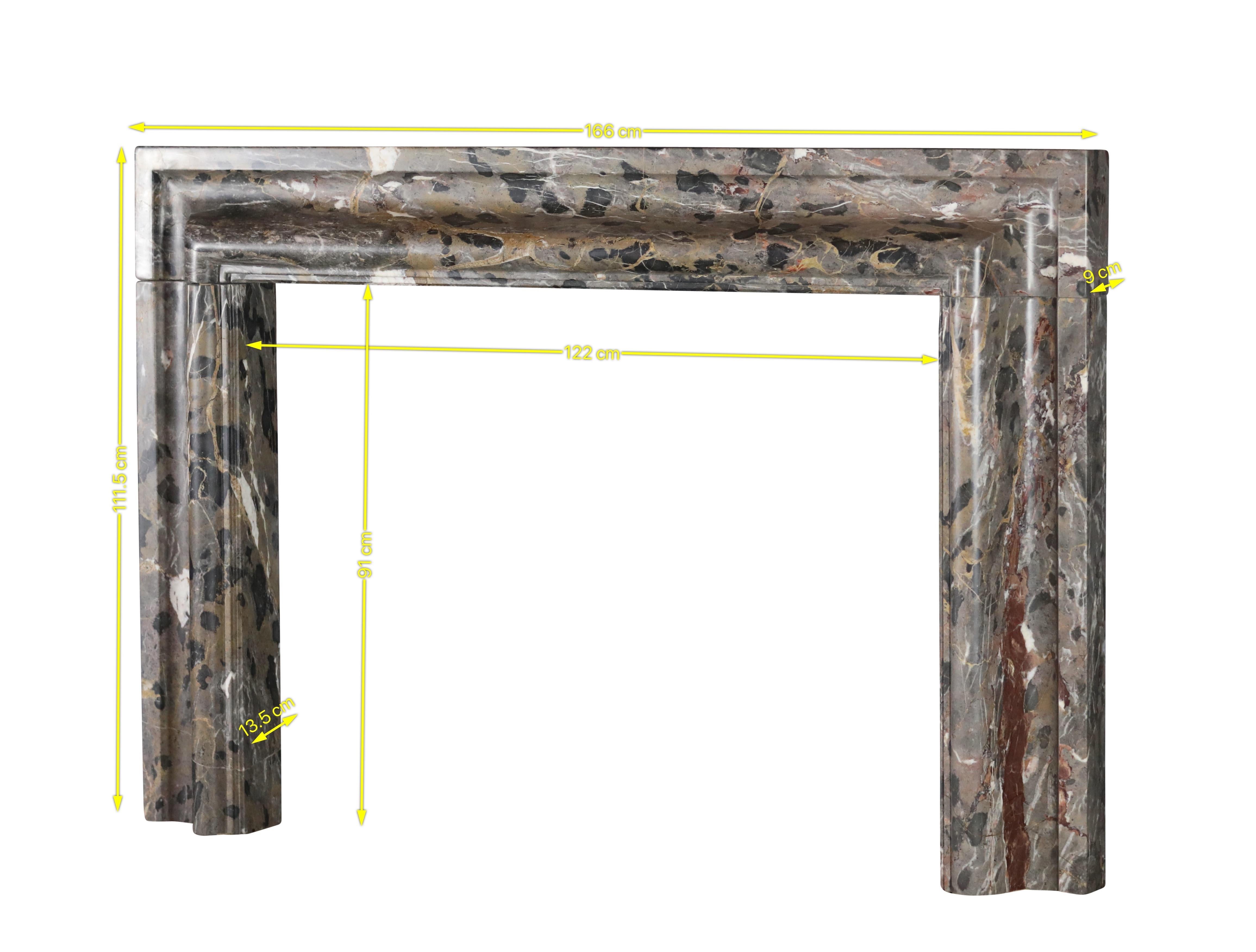 Cornice per caminetto in marmo Bolection con firma leopardata. Una cappa per camino perfetta per un design internazionale senza tempo. Il marmo ha bellissimi accenti neri che lo rendono perfetto come pezzo centrale senza tempo per elevare il tuo