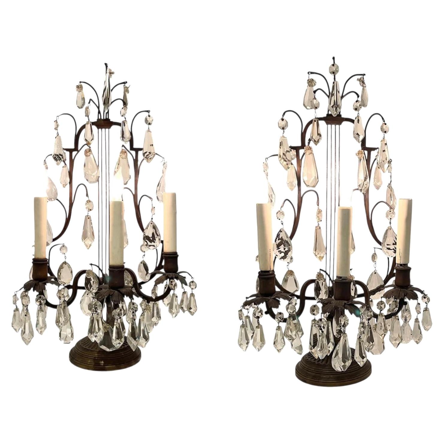 BOLER French Crystal Girandole Lamps, Pair, Bronze Hollywood Regency