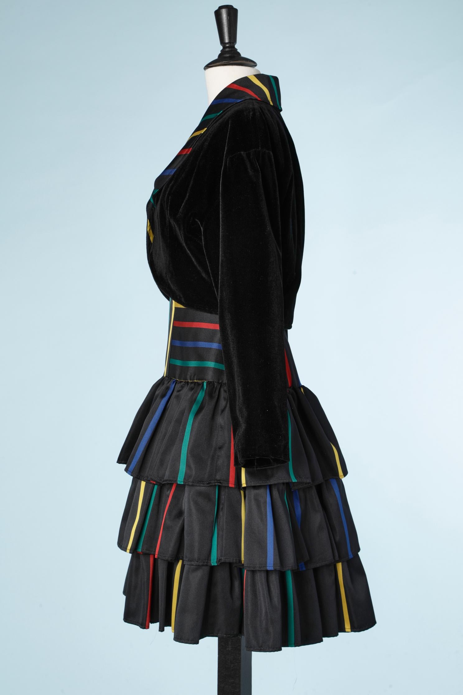Black Boléro and dress ensemble with black velvet and stripes  Popy Moreni  For Sale