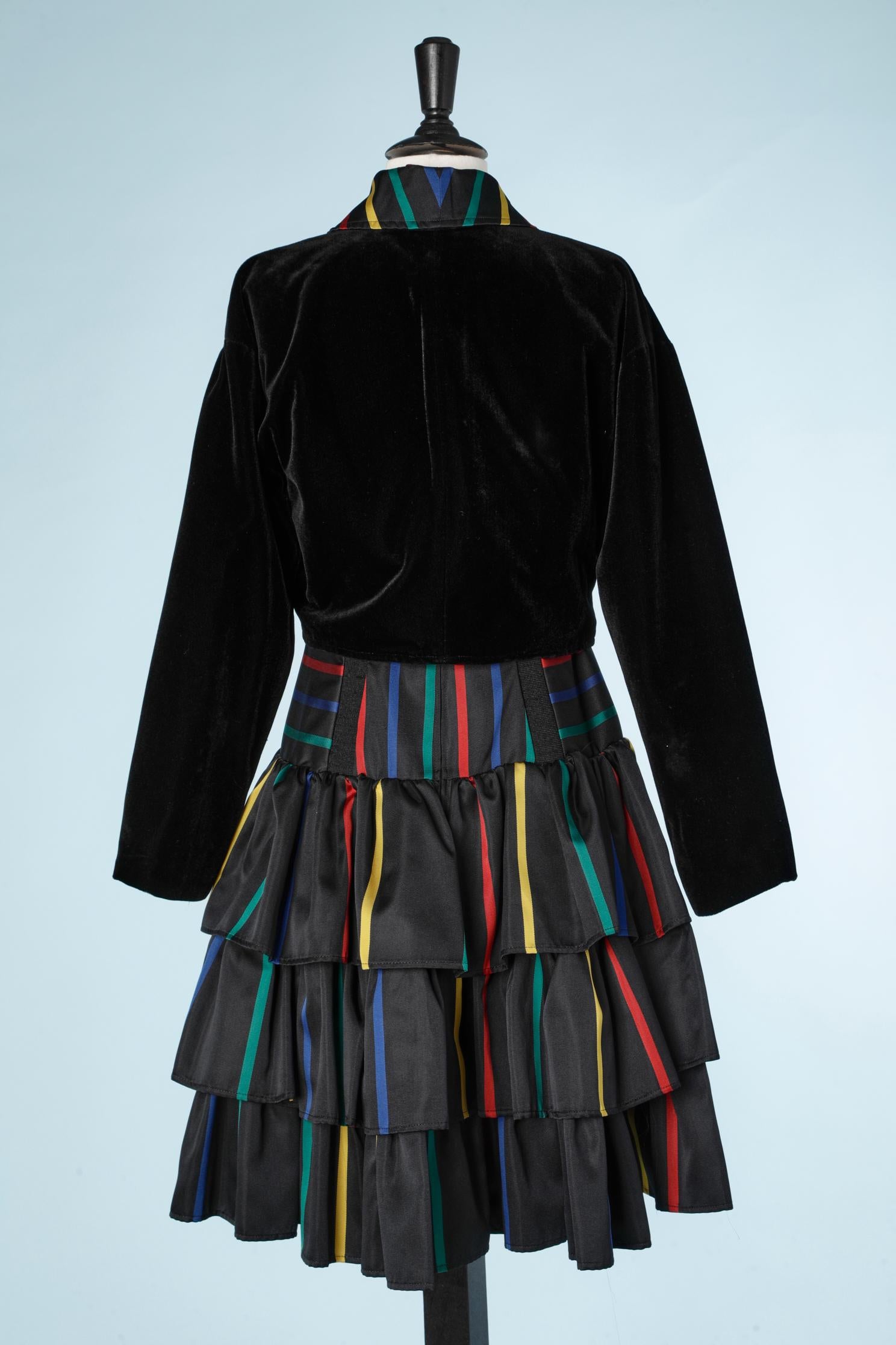 Boléro and dress ensemble with black velvet and stripes  Popy Moreni  In Excellent Condition For Sale In Saint-Ouen-Sur-Seine, FR